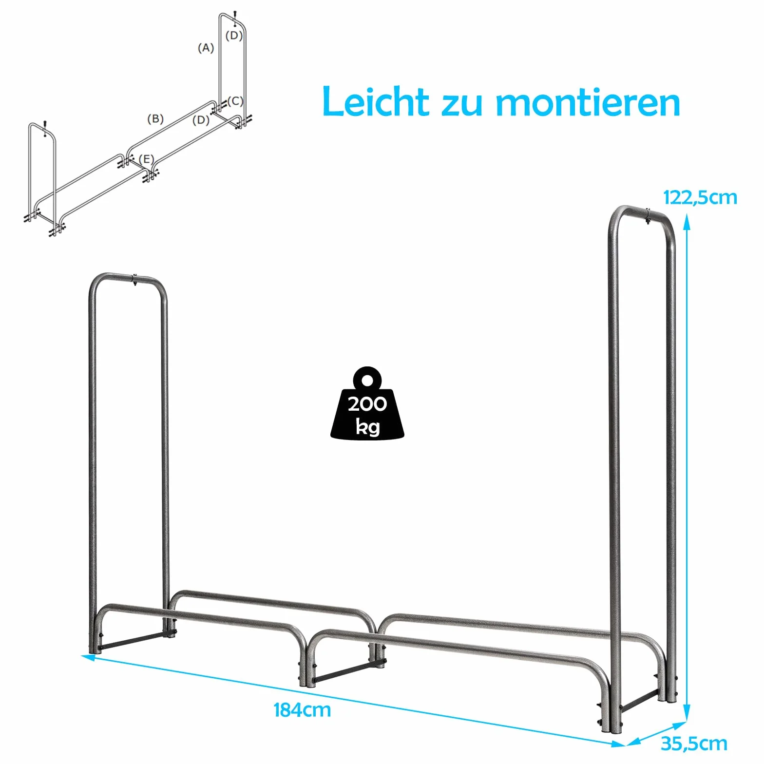 COSTWAY Metalowy regał na drewno kominkowe, 184 x 35,5 x 122,5 cm, regał na drewno opałowe z wodoodporną osłoną, stojak na drewno kominkowe, regał na drewno opałowe do użytku na zewnątrz