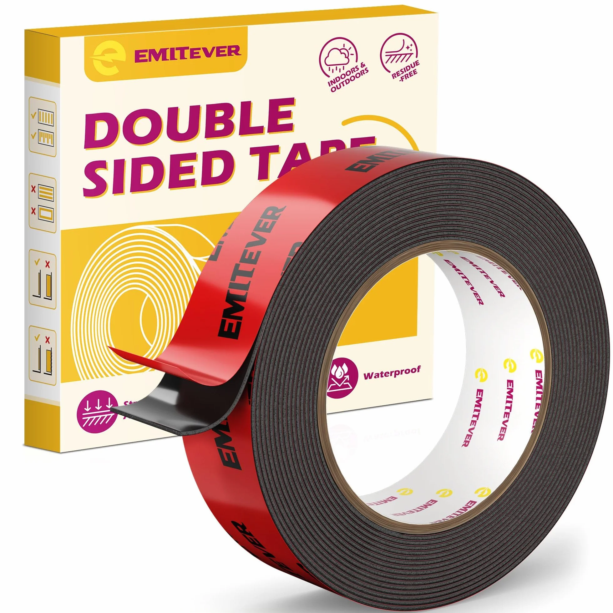 Emitever Dwustronna Taśma Klejąca - 5 m x 25 mm, ekstra mocna, wodoszczelna, wielofunkcyjna taśma klejąca do montażu na ścianie i taśmach LED, do samochodu, mieszkania, biura i na zewnątrz