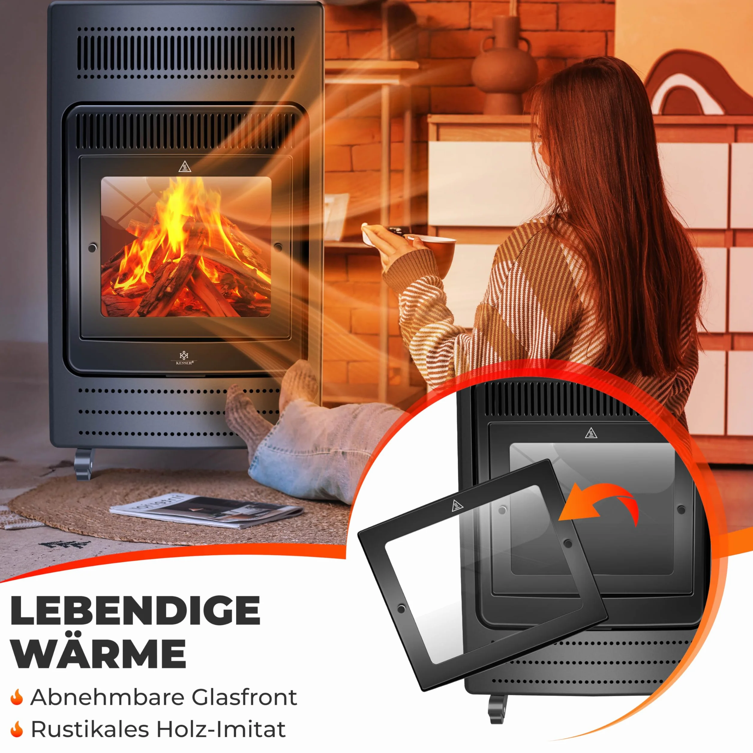 KESSER® Grzejnik gazowy, 3,4 kW, zawiera reduktor ciśnienia gazu i wąż gazowy, 2 stopnie grzania na podczerwień 3400 W, ogrzewanie gazowe, butle z butanem lub propanem, do 11 kg, czarny