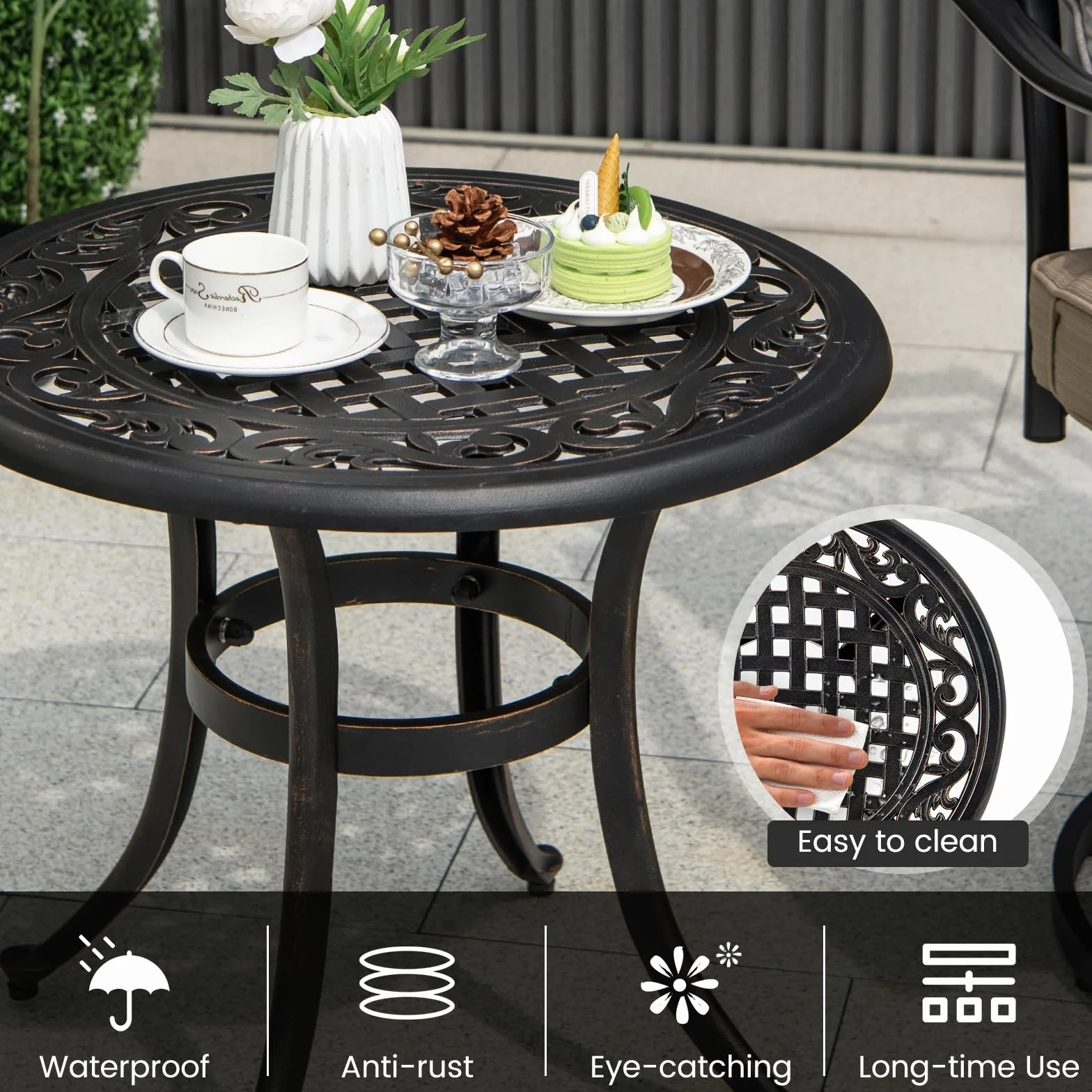 GIANTEX Stół ogrodowy, odporny na działanie warunków atmosferycznych, stół bistro z odlewu aluminiowego, okrągły stół balkonowy z regulowanymi poduszkami na nogi, stół tarasowy, do użytku na zewnątrz