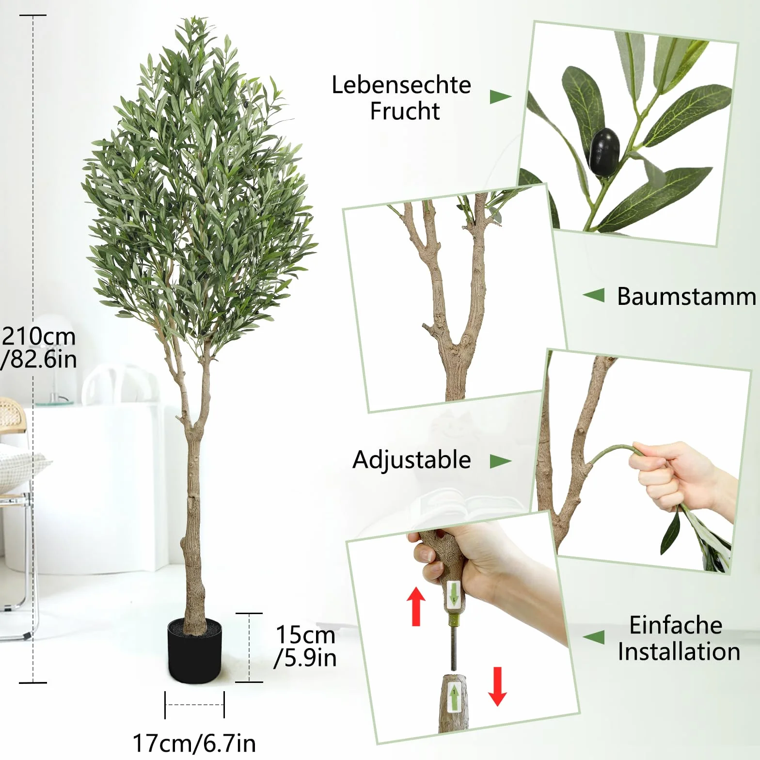 Oc'leaf Drzewo Oliwne Sztuczne - 210cm Duża Roślina Sztuczna, Drzewko Oliwne w Doniczce, Dekoracja Oliwna do Domu, Salonu, Sypialni, Biura i Ogrodu