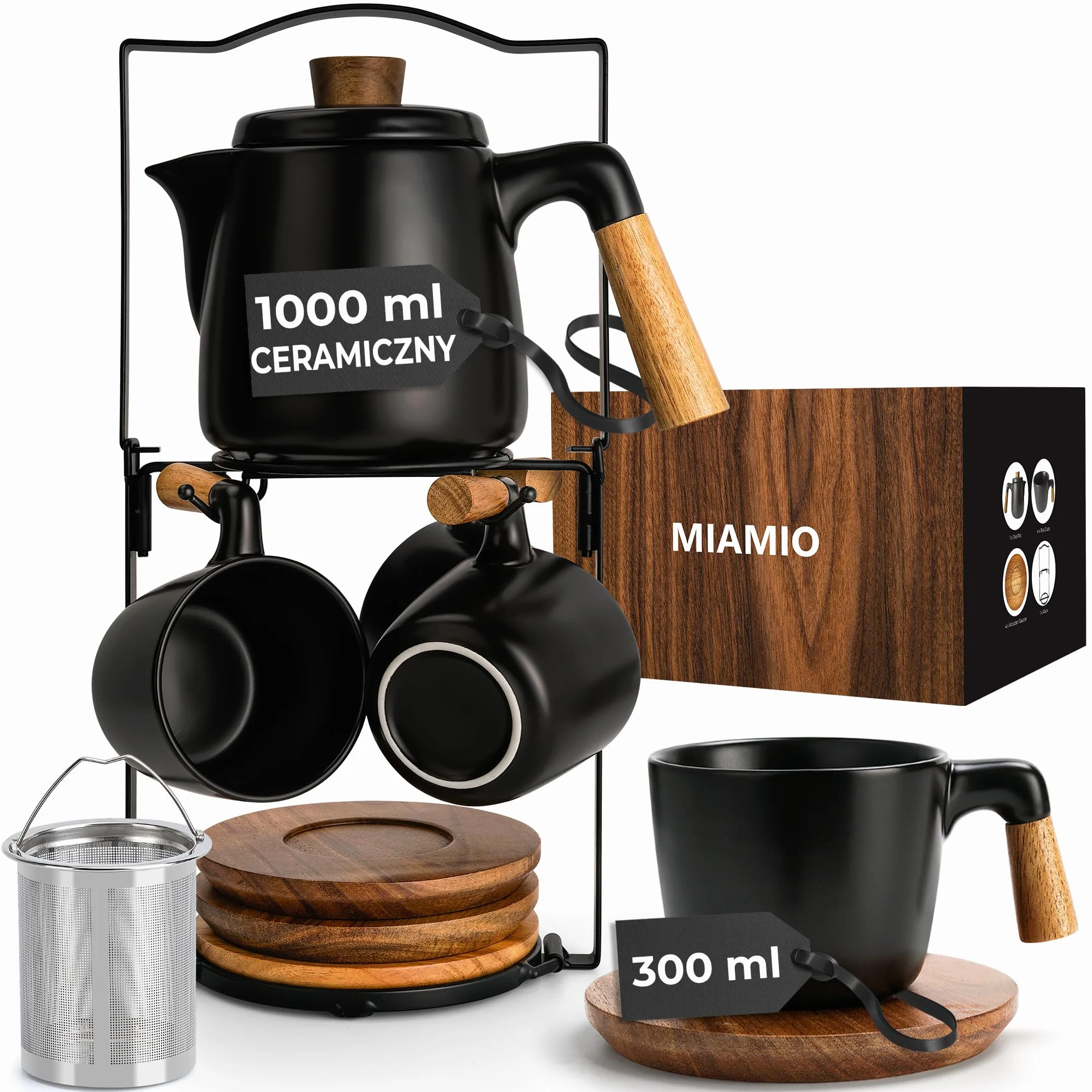 MIAMIO Ceramiczny zestaw dzbanka do herbaty 970 ml z zaparzaczem i kubkami/sitkiem do herbaty, 4 ceramiczne kubki do herbaty (293 g), bambusowe spodki/uchwyt do domu i biura (czarny)