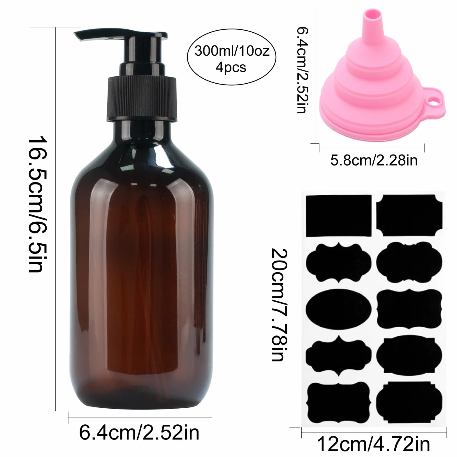 4 dozowniki mydła, 300 ml, butelki do szamponu do napełniania, dozownik żelu pod prysznic, dozownik z pompką, butelki z pompką, puste butelki na szampon do balsamów pod prysznic, szamponów + lejek i