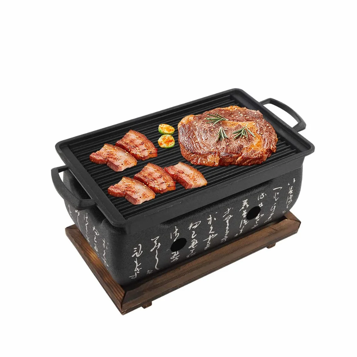 Japoński piec do grillowania, grill BBQ, 24 x 12,5 x 11,5 cm, mini grill stołowy z blachą do pieczenia, kratką drucianą i podstawą drewnianą, przenośny grill na piec, japoński piec na węgiel drzewny