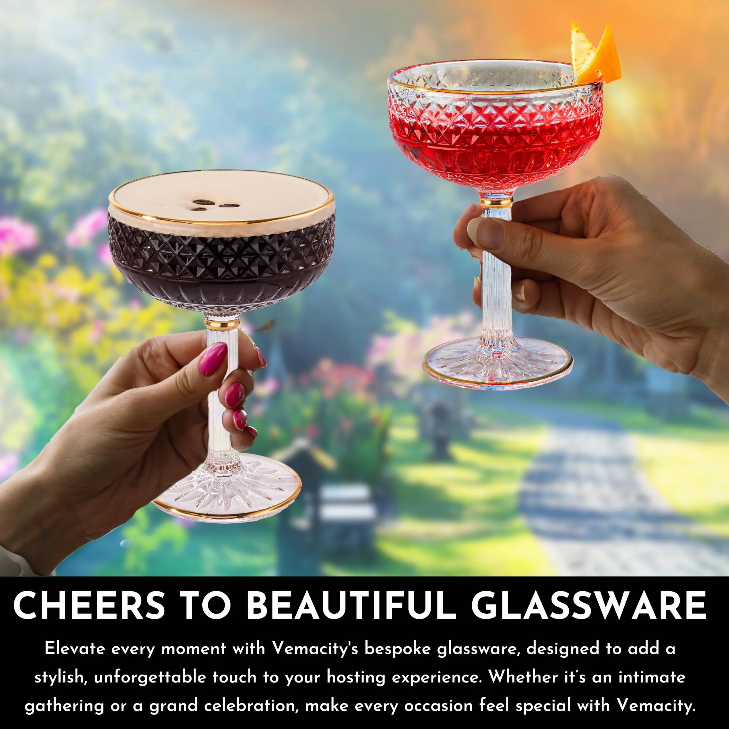 VEMACITY Zestaw 4 kieliszków do espresso Martini ze złotymi felgami, piękne, wzorzyste kieliszki Coupe, zestaw 4 sztuk, uniwersalne kieliszki do szampana, kosmopolitycznego, margarity, coupe martini.