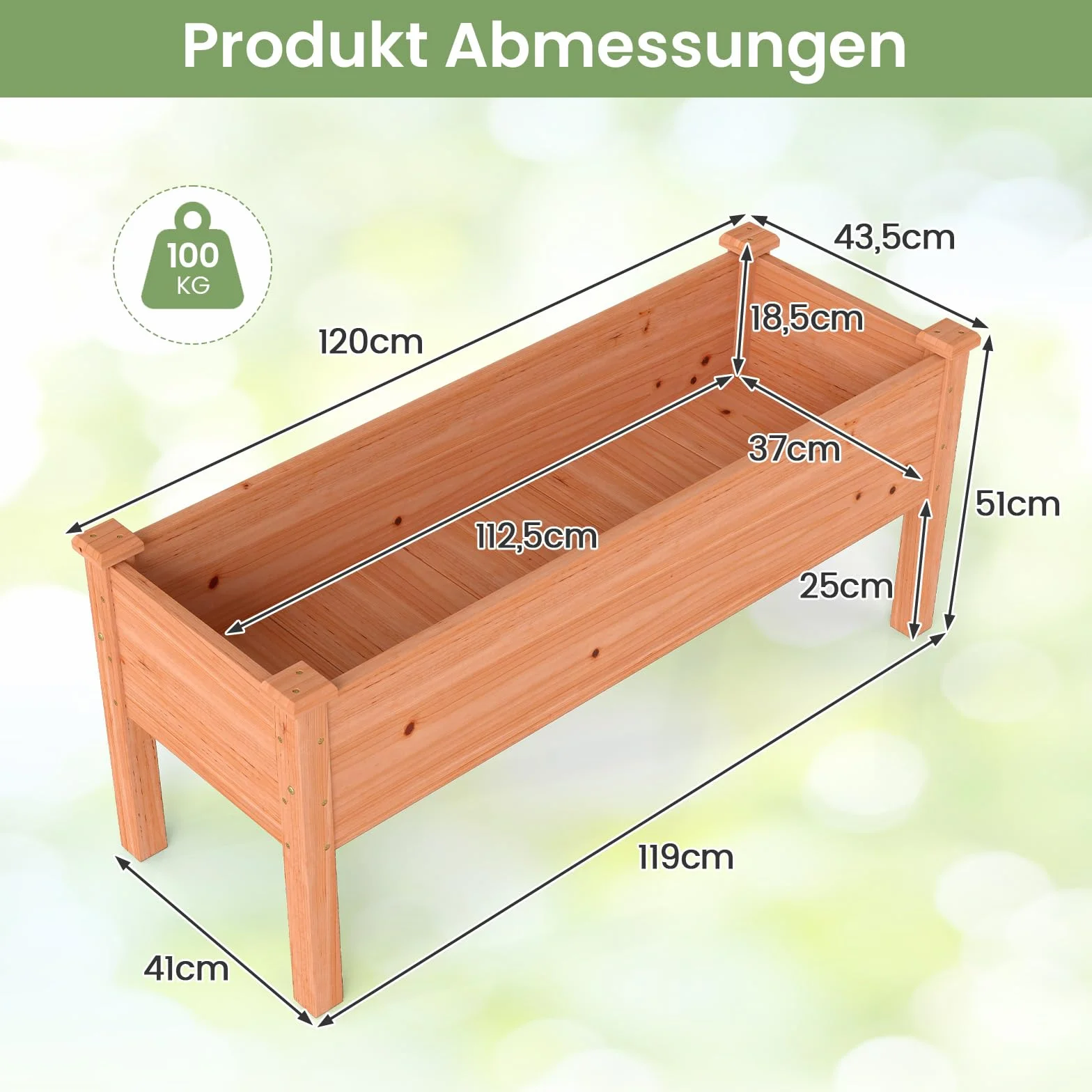 COSTWAY Podwyższona grządka dla dzieci, 120 x 43,5 x 51 cm, obciążenie do 100 kg, donica na kwiaty z otworami odpływowymi, prostokątna grządka na zioła, do ogrodu, na taras, balkon, pomarańczowa