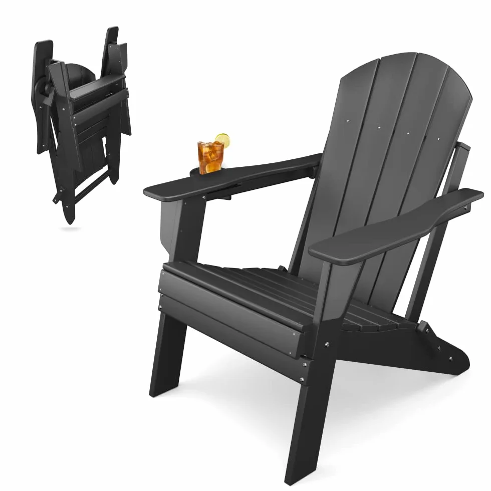 Adirondack Folding Chair for Garden, Patio or Deck - Arm Rests and Cup Holder - Lightweight, Weatherproof - Stylish, Durable Outdoor Furniture for Fire Pit, Beach, Poolside, Porch (Black)