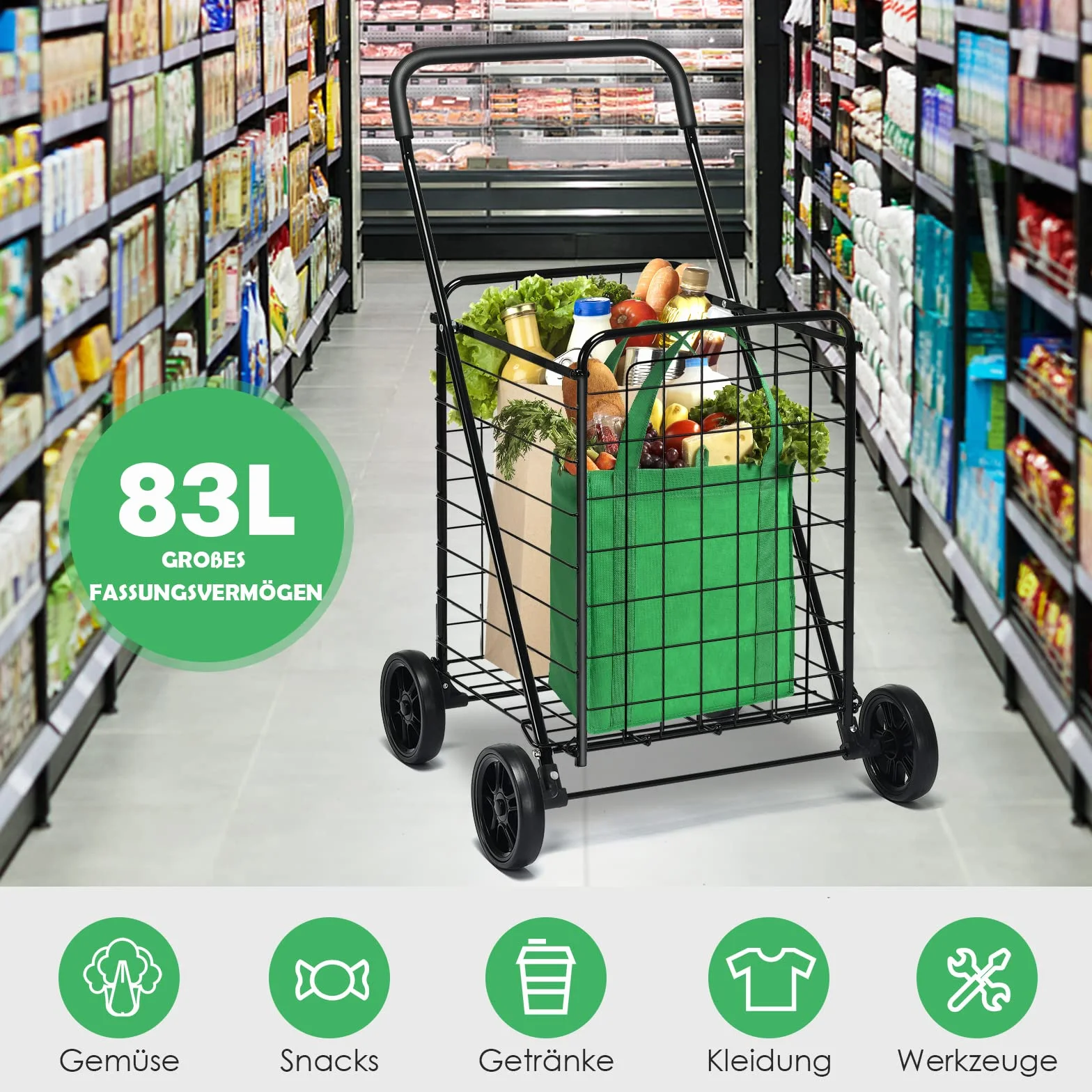 GOPLUS Składany wózek na zakupy, przenośny wózek transportowy o konstrukcji z wytrzymałej stalowej ramy z elastycznymi kołami i ergonomicznym uchwytem, składany wózek wielofunkcyjny do robienia