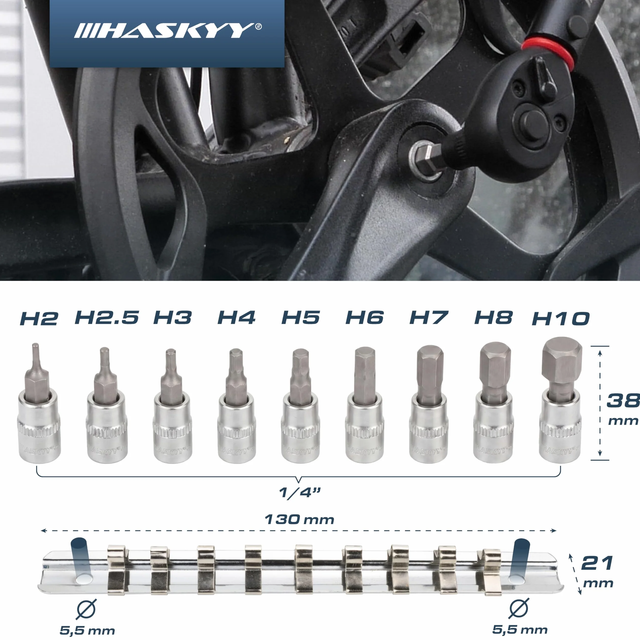 HASKYY Zestaw 9 elementów Bitów Imbusowych 1/4" H2-H10 Nasadki Sześciokątne, Klucze Imbusowe, Bity do Wkrętarki i Klucza Nasadowego