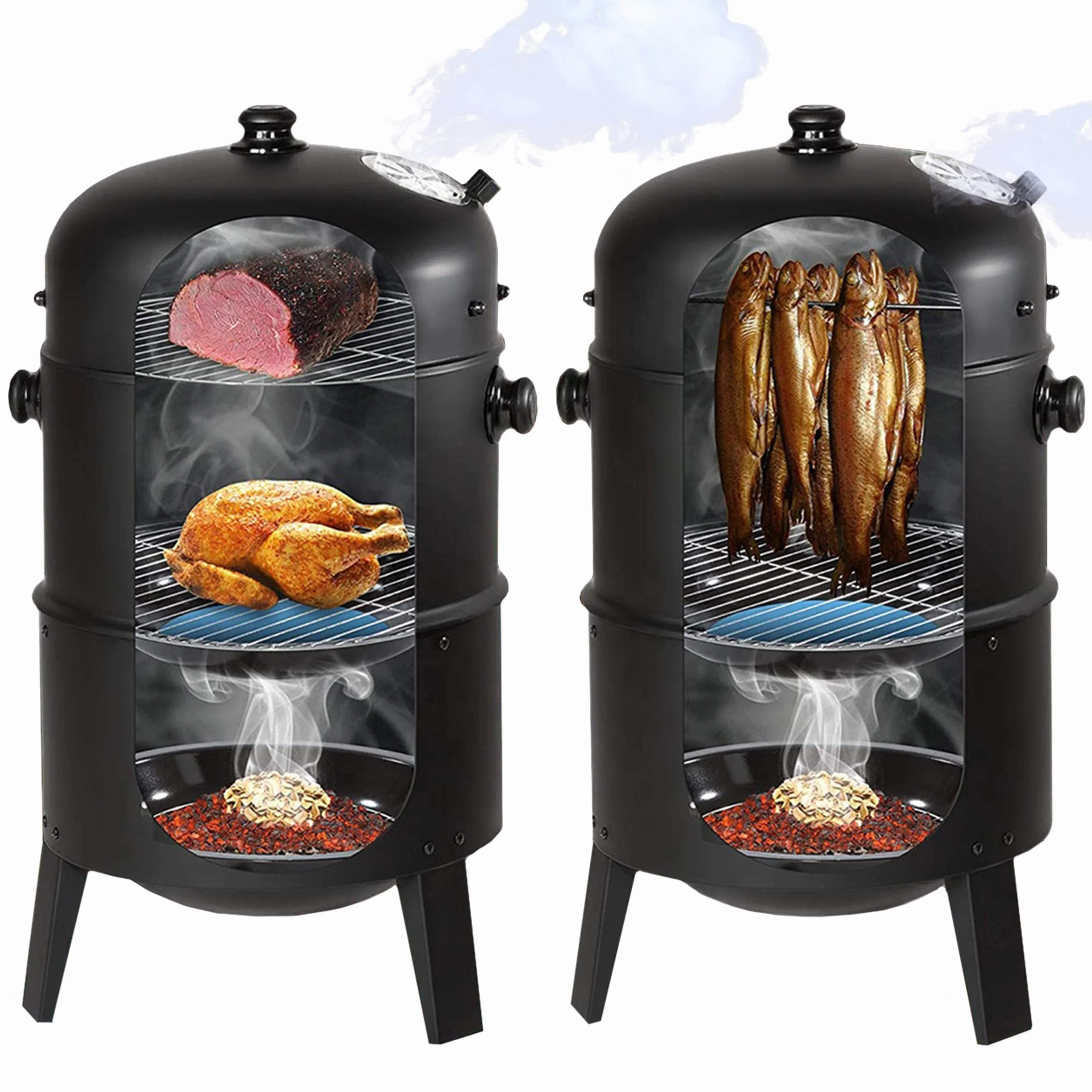 GrillMaster Grill Węglowy SmokeHouse GM8000 + Wędzarnia + Termometr, Ogrodowy, Wędzenie, Gotowanie na Parze, Dwie Misy, Funkcja Paleniska