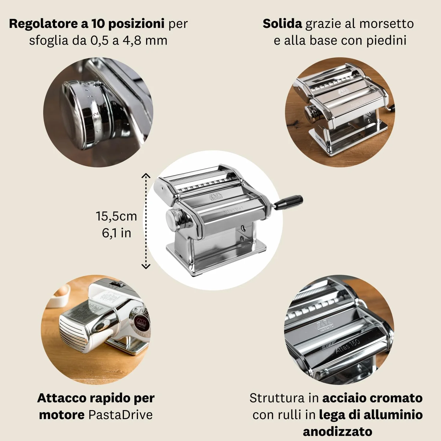 Marcato Classic Atlas 150 Maszynka do Makaronu, Aluminium, Srebrny, 20.3 x 20.3 x 17.8 cm