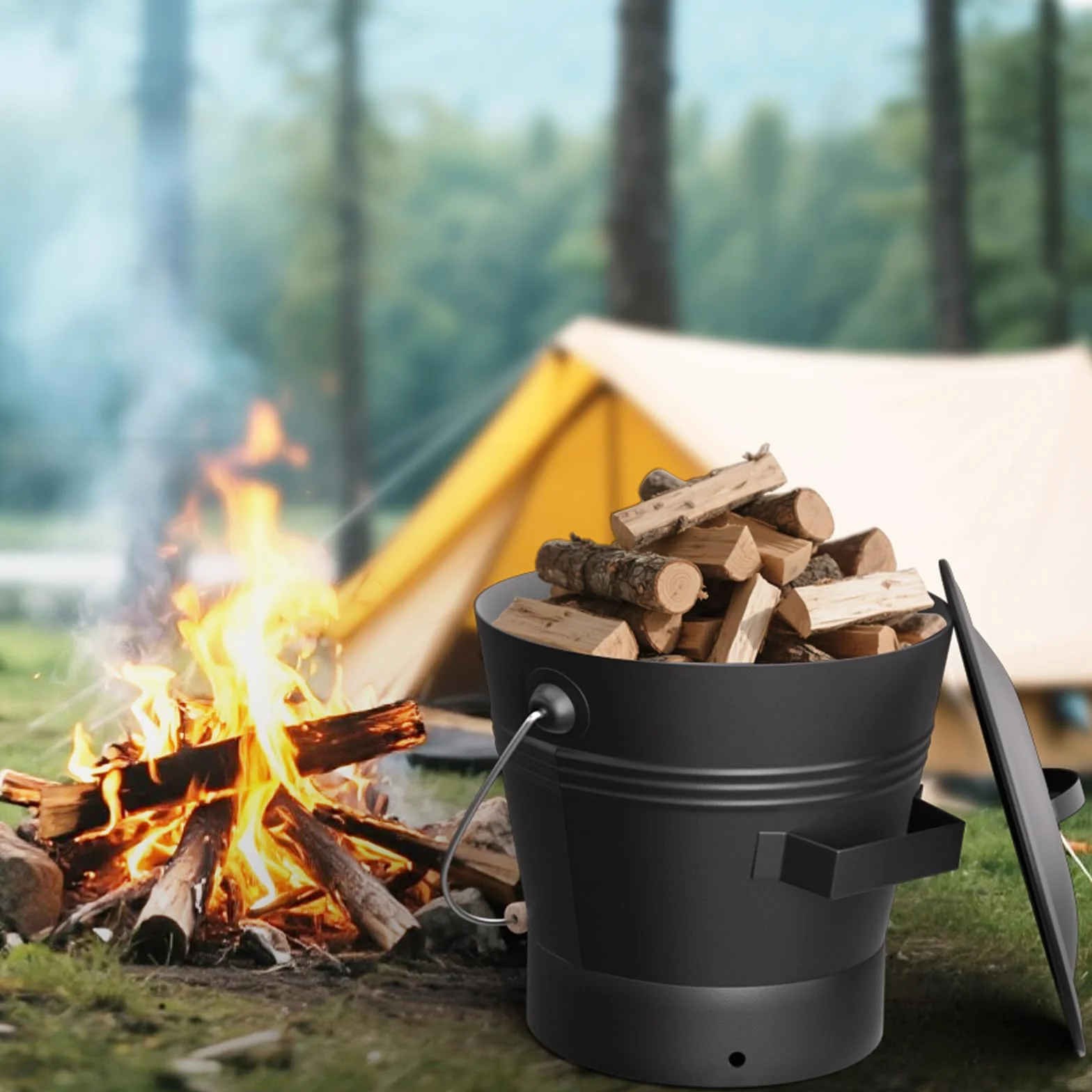 AMAGABELI GARDEN & HOME Wiadro na popiół z pokrywką na zewnątrz i wewnątrz wiadro węglowe do kominka, średnie wiadro na palenisko, metalowy pojemnik na popiół, do grilla, wiadro na węgiel drzewny,