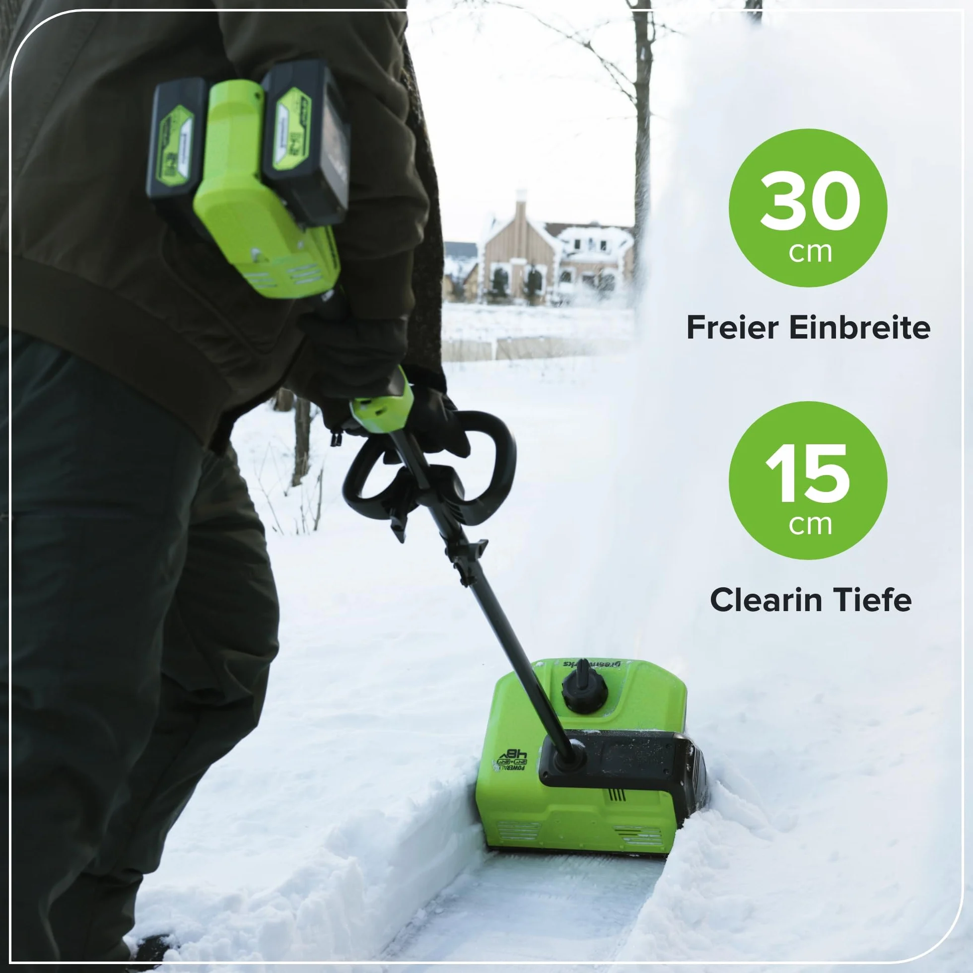 Greenworks 2 x 24 V (48 V) 30 cm bezszczotkowa łopata do śniegu ze światłem LED, kierunkowe sterowanie łopatkami, z (2) akumulatorami 4,0 Ah bez USB i szybką ładowarką 4 A z podwójnym portem