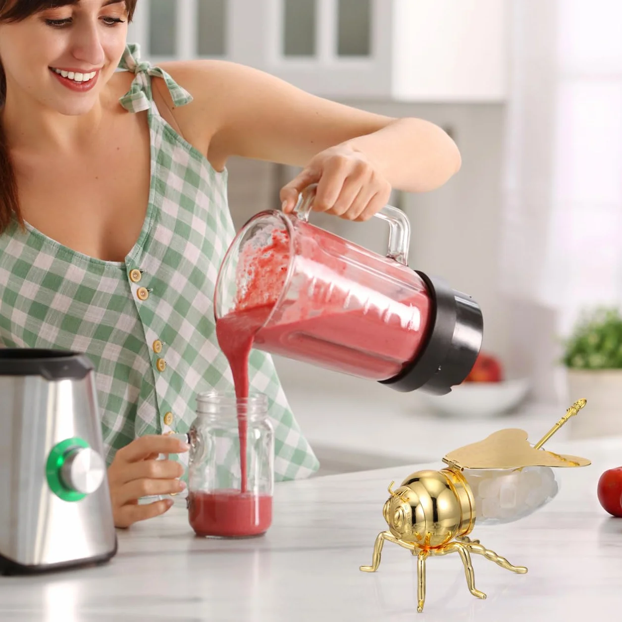BESTonZON Metalowy garnek do miodu z pokrywą na zawiasach, pojemnik na sól z chochlą