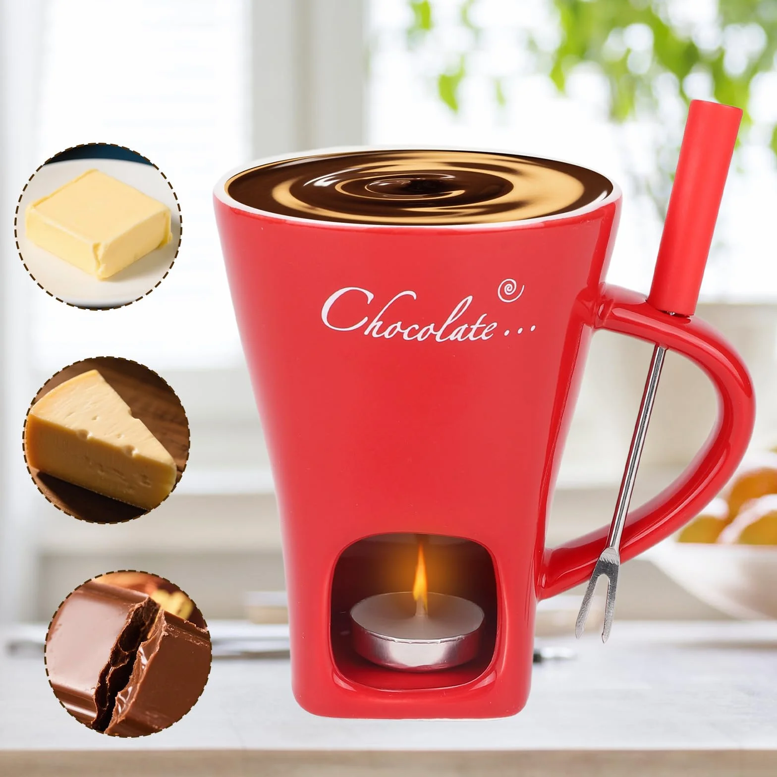 Kubek Fondue Czekoladowego Zestaw, Ceramiczny Mini Kubek do Rozpuszczania Czekolady z Widelcem i Podgrzewaczem do Świec na Słodkości Desery Idealny Randki Urodziny Prezent Ślubny (Czerwony)