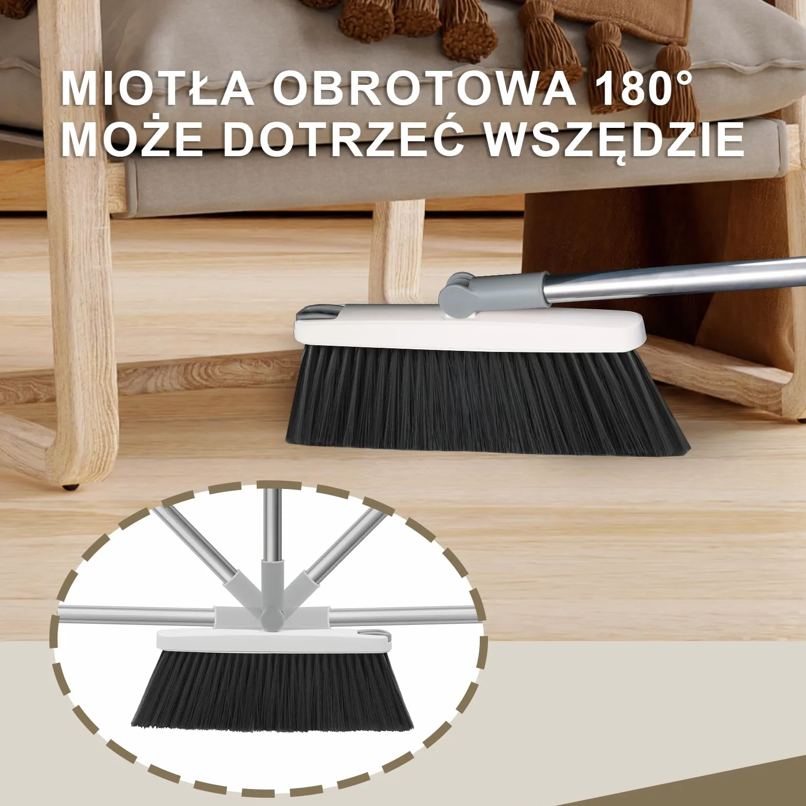 Mitclear Zestaw Szufelki i Miotła z Długim Uchwytem, Miotła do Zamiatania Obracająca się o 180°, Szufelka Domowa z Wargą Stopu Aluminium do Czyszczenia Podłóg, Ogrodzie, Domu, Kuchni, Biurze, Holu