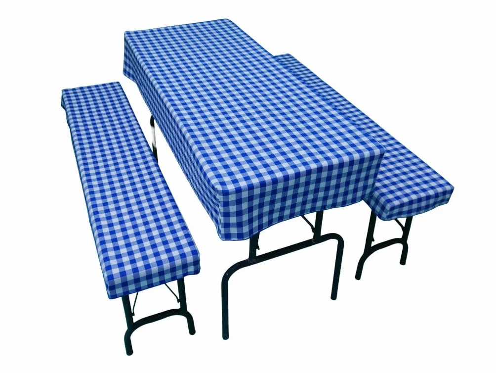 Zestaw mebli do namiotu piwnego 3 szt. obrus i 2 pokrowce na ławkę 110 x 60 cm niebieska kratka