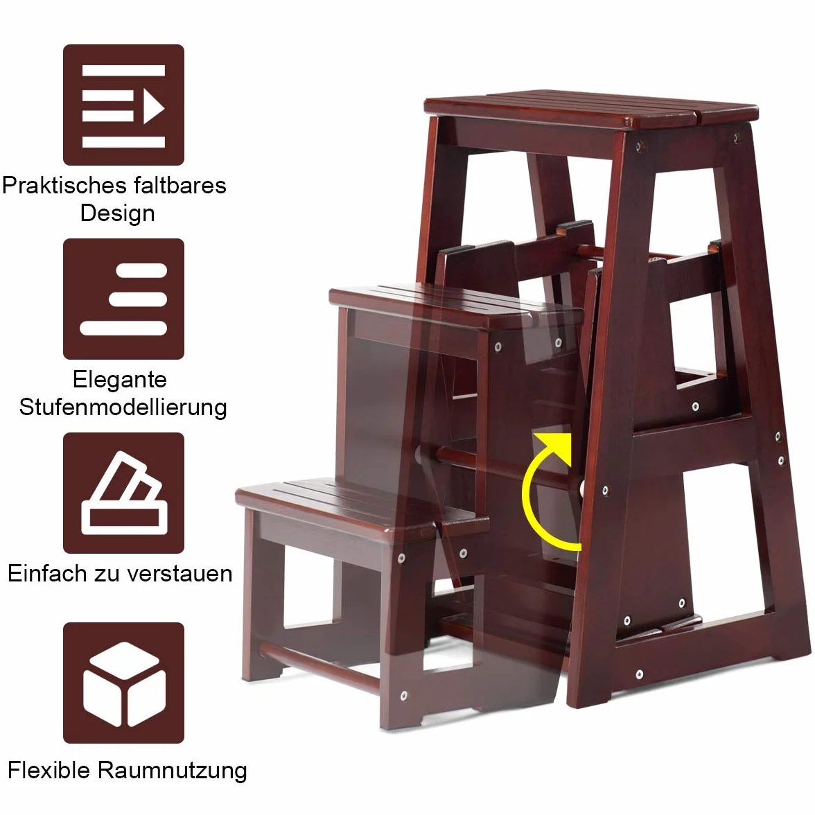 COSTWAY Drewniany stołek drabina wielofunkcyjny składany stołek 3-stopniowy 57 x 38 x 65 cm (ciemnobrązowy)