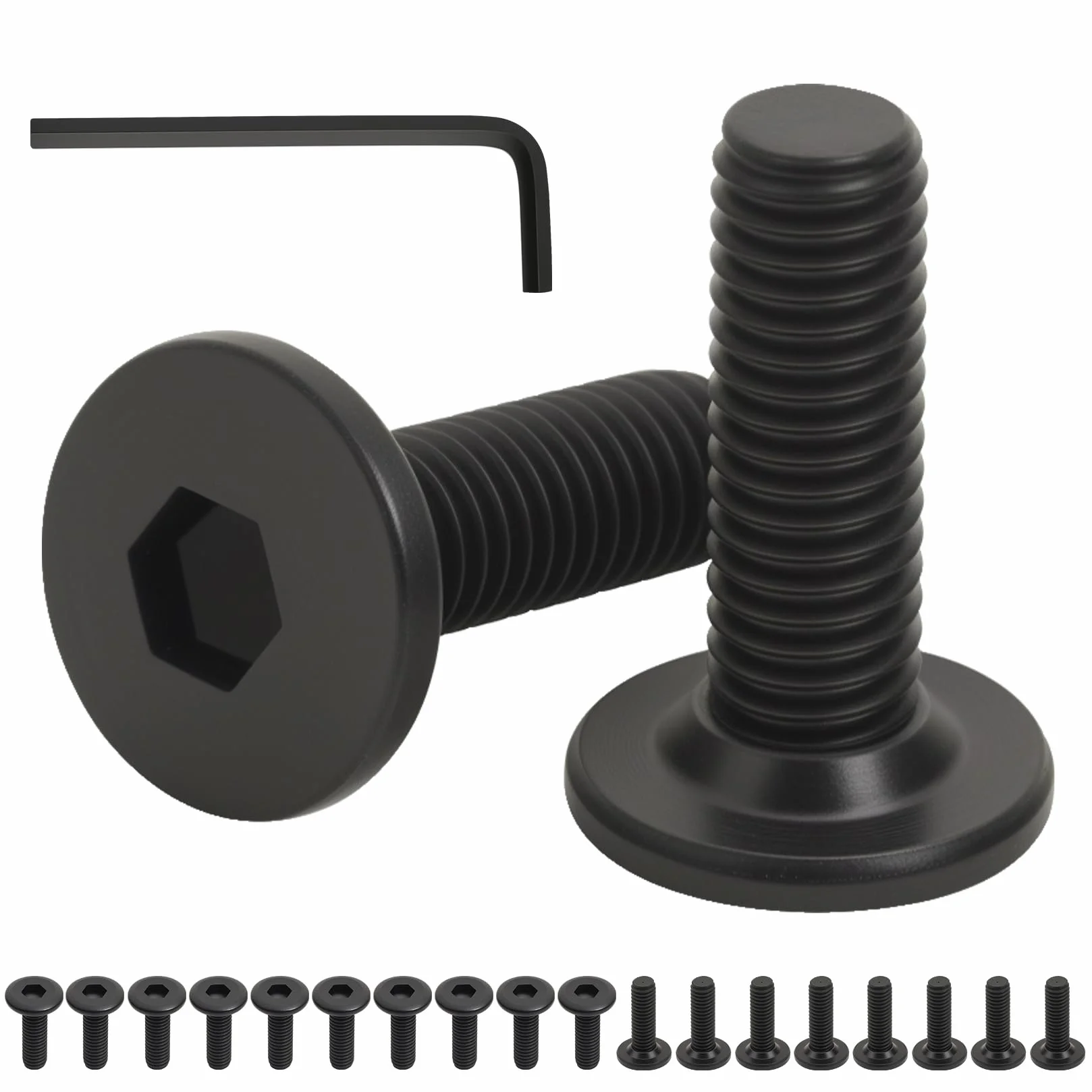 Zestaw 20 sztuk śrub M5, śruby z łbem płaskim M5 x 16 mm z gniazdem sześciokątnym (imbusowe), pełny gwint, czarny, stal węglowa, zestaw śrub imbusowych, z kluczem imbusowym