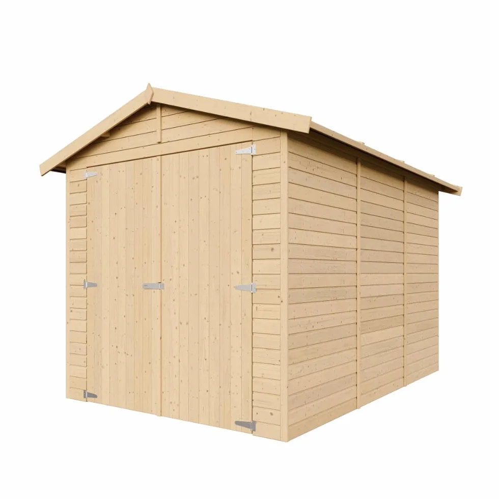 Drewniany garaż – pomieszczenie gospodarcze z oknami, wys. 222 x 244 x 320 cm/6 m², konstrukcja panelowa z naturalnego drewna, warsztat ogrodowy, szopa samochodowa i na narzędzia – IMBELA M105