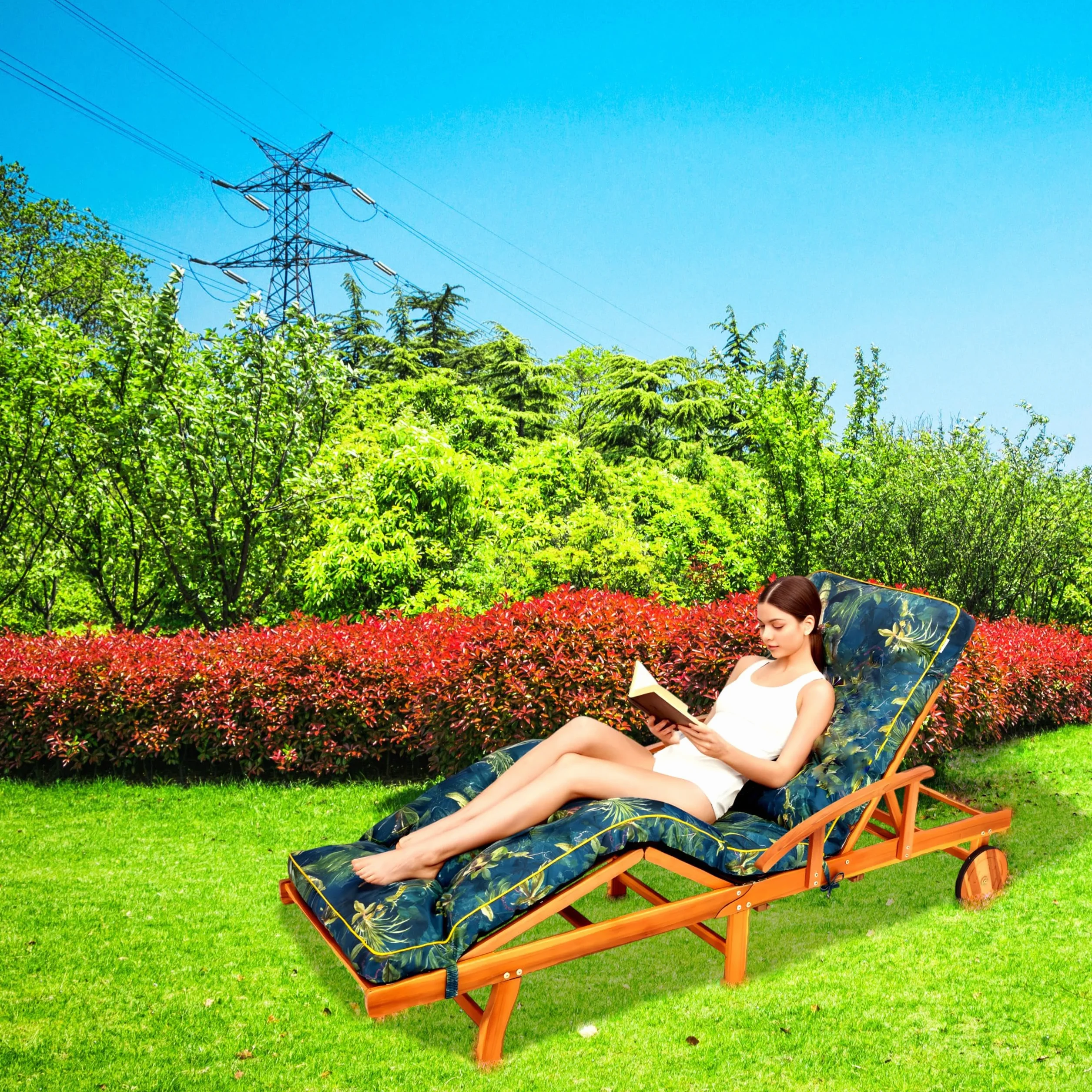 PillowPrim Nakładka na leżak ogrodowy, nakładka na leżak 200 x 55 x 9 cm - Wygodna nakładka na leżak - Poduszka na leżak ogrodowy, poduszka na leżak, haftowana - Zielona łąka