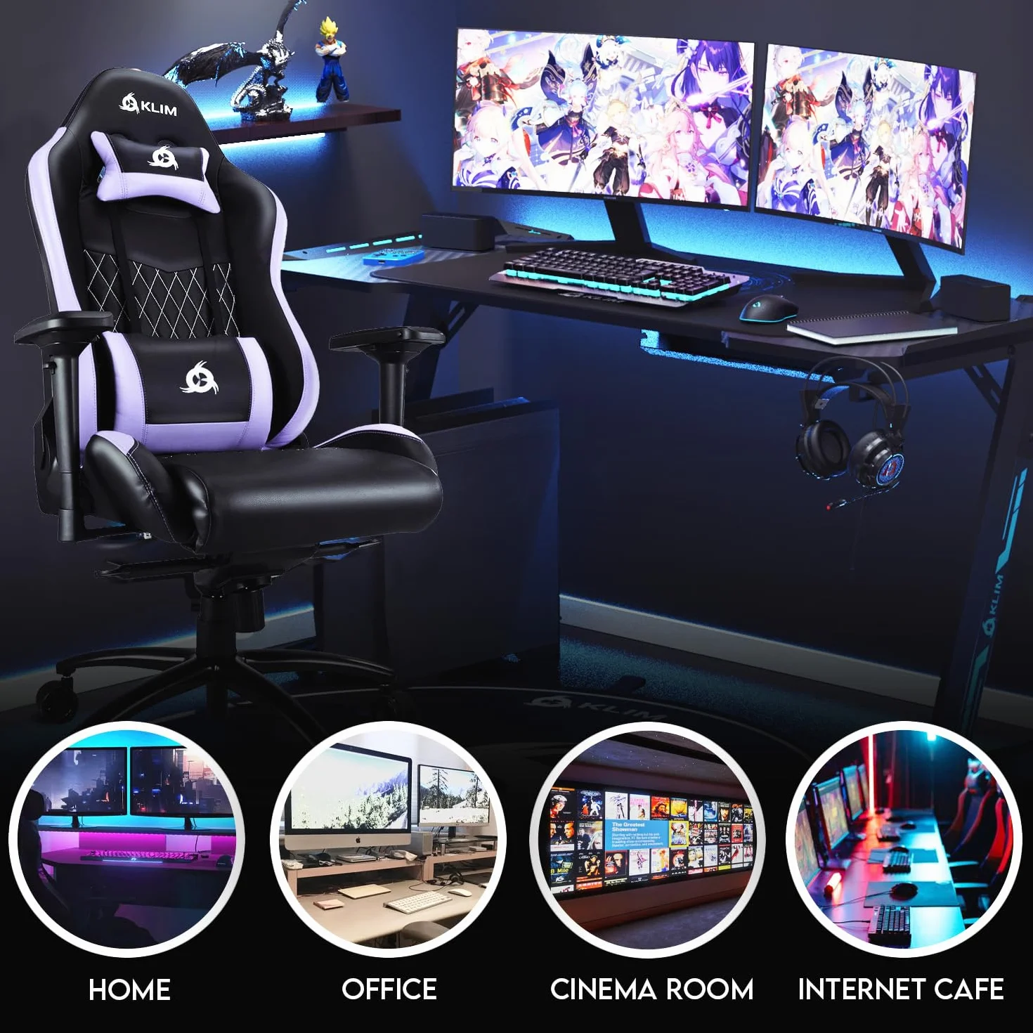 KLIM eSports Gaming Chair + z obsługą lędźwi i szyi + regulowany fotelik gier + ergonomiczny krzesło PC + skóra syntetyczna i materiały premium + Nowa wersja Czarny