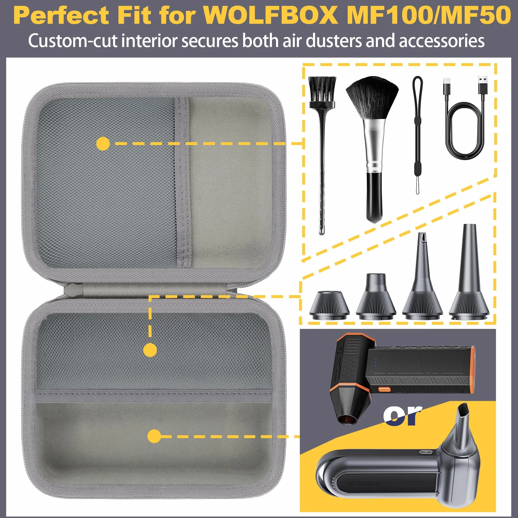 Khanka Do WOLFBOX MF100 MF50 Elektryczny Odkurzacz Powietrza i Dmuchawa Powietrza Twarde etui, torba z kieszenią z siatki na akcesoria WOLFBOX MF100 MF50, pojedyncze etui, Szary, Klasyczny