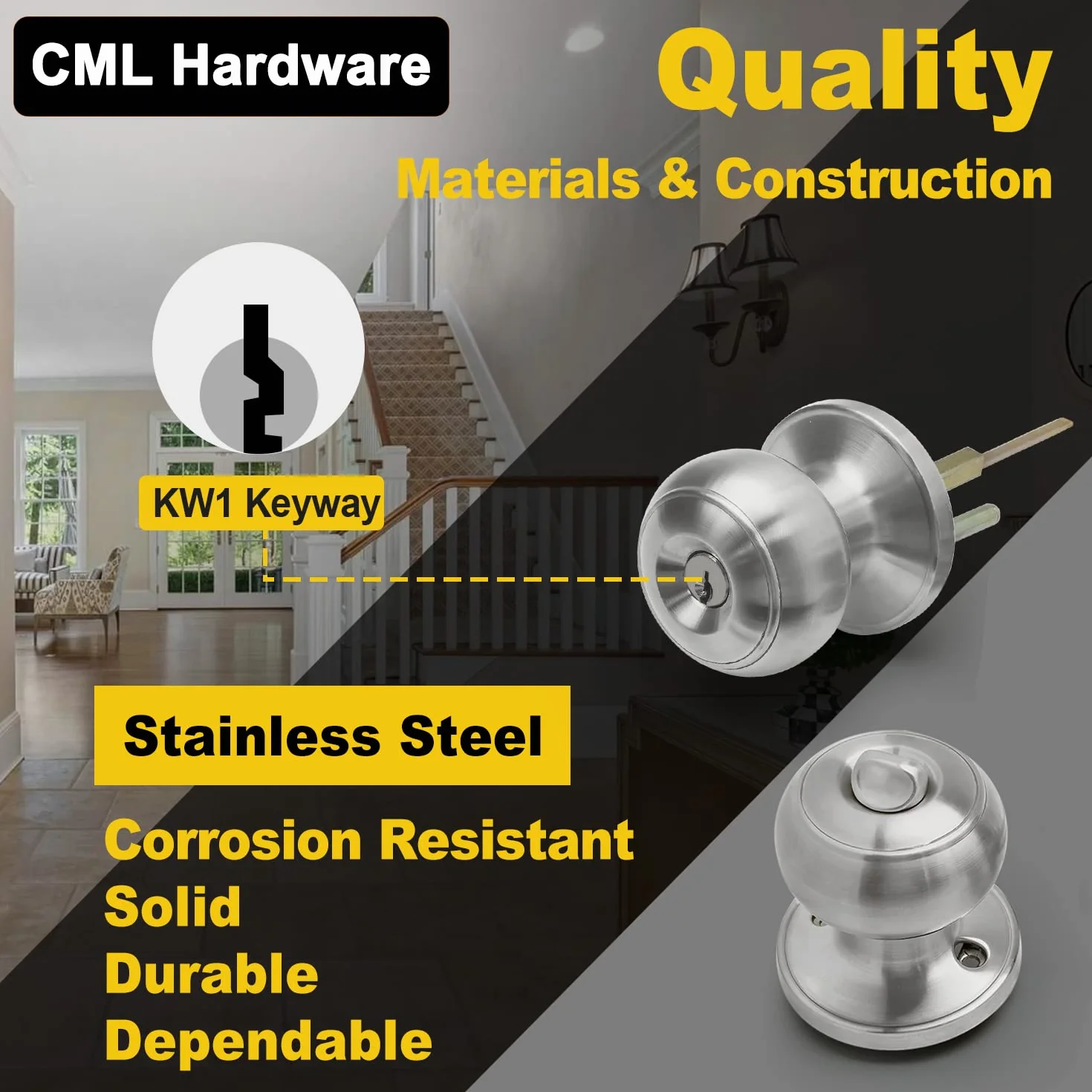 CML Hardware zestaw gałek drzwiowych wejściowych na klucz, zamek drzwiowy ze stali nierdzewnej do drzwi zewnętrznych i wewnętrznych, okrągła gałka, 1 sztuka