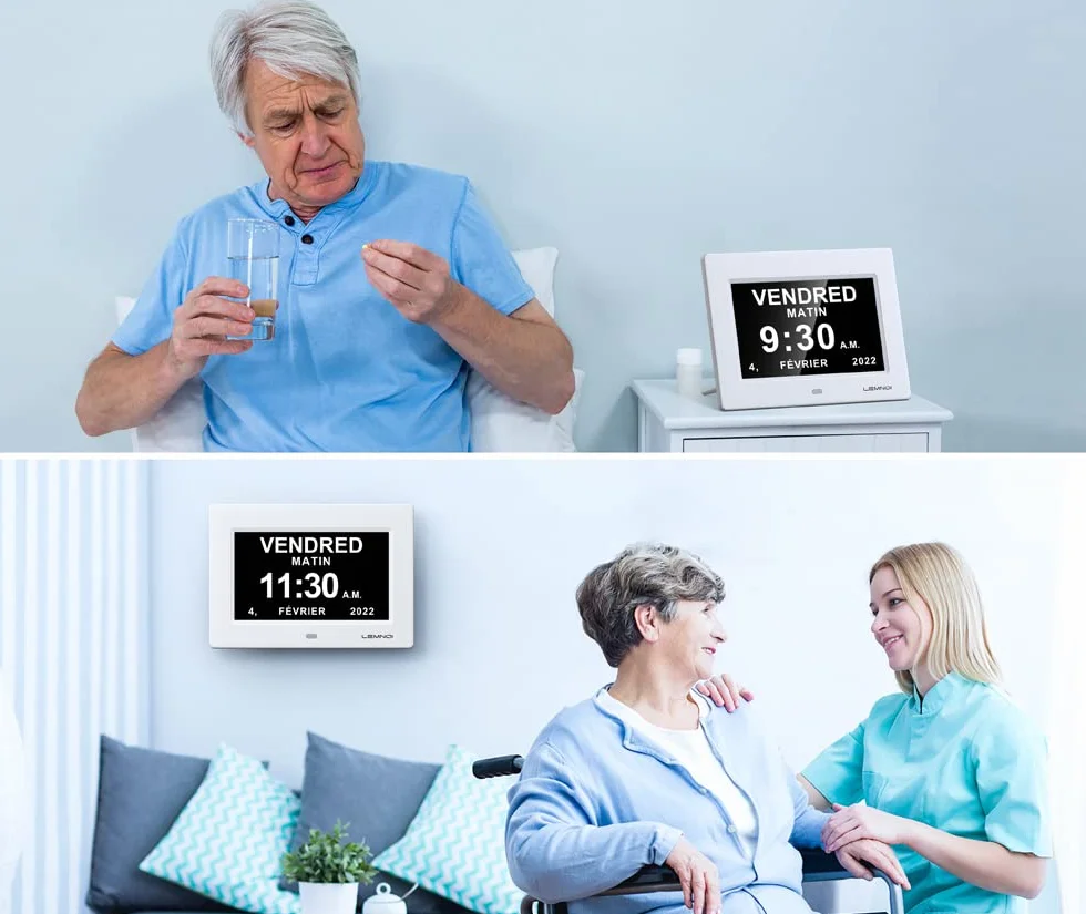 Lemnoi Zegary z demencją, cyfrowy zegar kalendarzowy z dniem i datą, budzik na utratę pamięci, choroba Alzheimera, 15 alarmów i przypomnień o lekach, automatyczny czas letni, 18 cm, biały