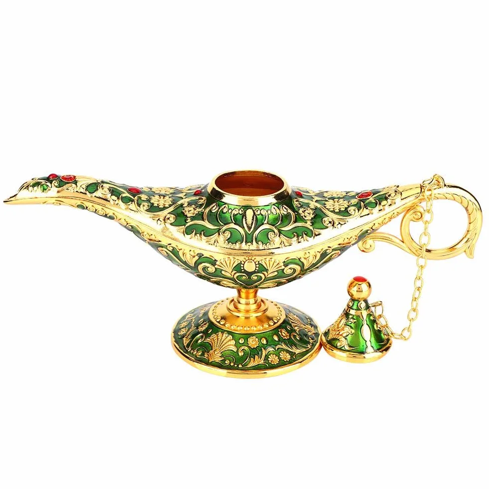 Vintage Collectable Rzadka legenda Aladdin Magic Genius lampy kadzidła palnik Aladdin wspaniała lampa olejna arabska genialna lampa genialna lampa do dekoracji stołu w domu i (zielona)
