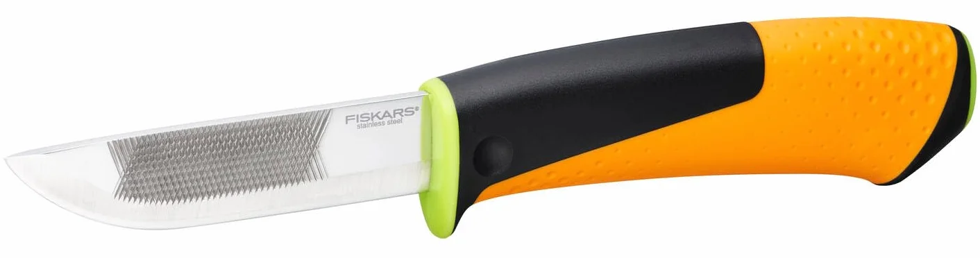 Fiskars Nóż profesjonalny wraz z kaburą z wbudowaną ostrzałką, Długość całkowita: 21,9 cm, Czarny/ pomarańczowy/ zielony, 1023619