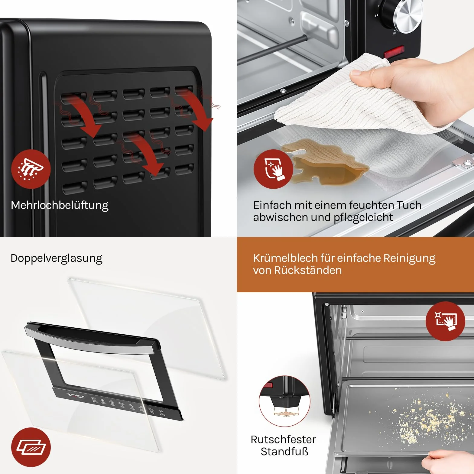 WOLTU mini piekarnik 32 litry, toster 1600 Watt | Piec do pizzy | Wyjmowana tacka na okruchy z minipiekarnikiem z timerem do pizzy, tostów, indyka, hot-dogów, czarnych