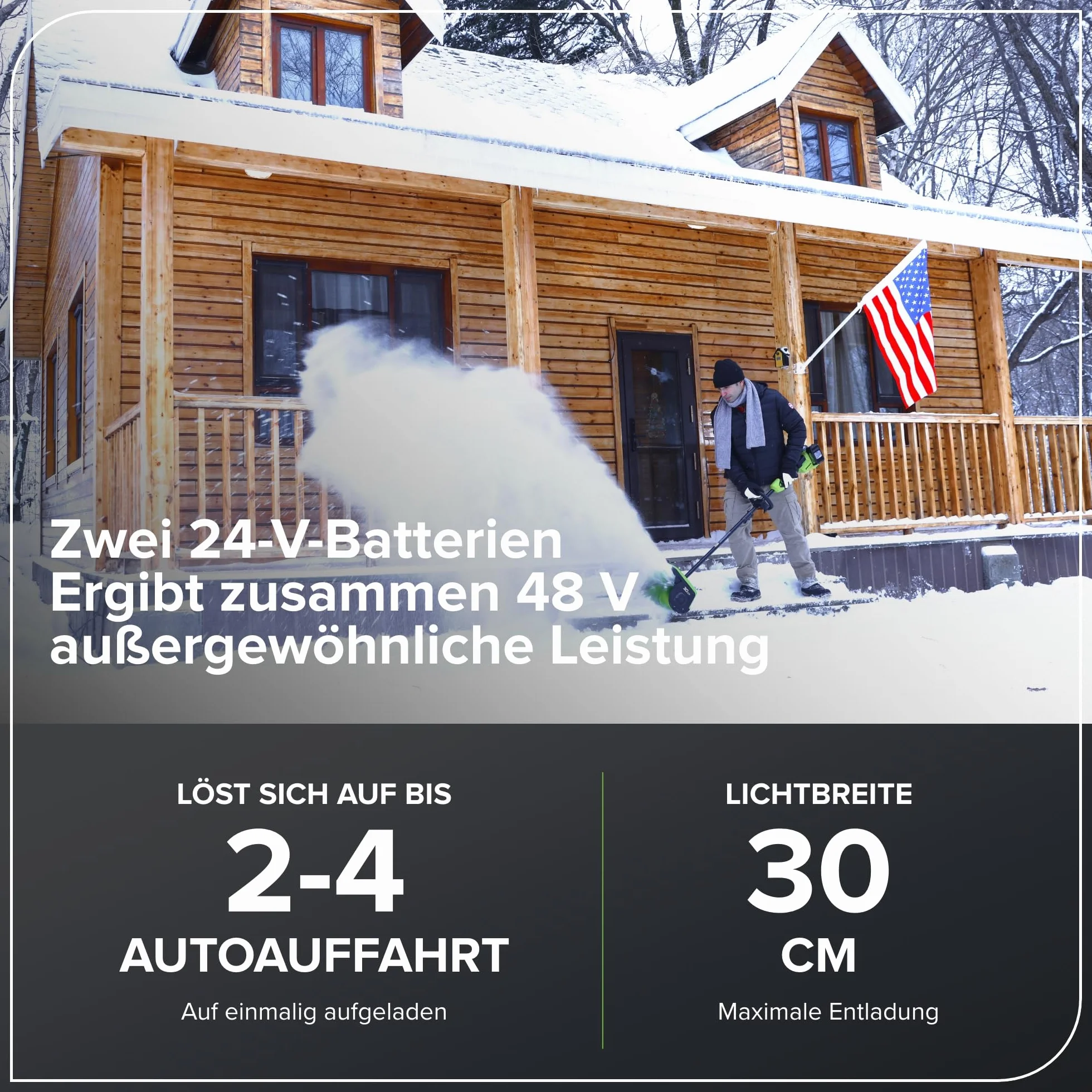Greenworks 2 x 24 V (48 V) 30 cm bezszczotkowa łopata do śniegu ze światłem LED, kierunkowe sterowanie łopatkami, z (2) akumulatorami 4,0 Ah bez USB i szybką ładowarką 4 A z podwójnym portem