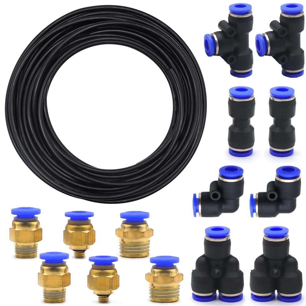 Wąż pneumatyczny 10 M czarny 6 mm OD x 4 mm ID PU rura powietrzna z 14 szybkozłączkami pneumatycznymi (kształt Y/T/L/I) do narzędzi pneumatycznych