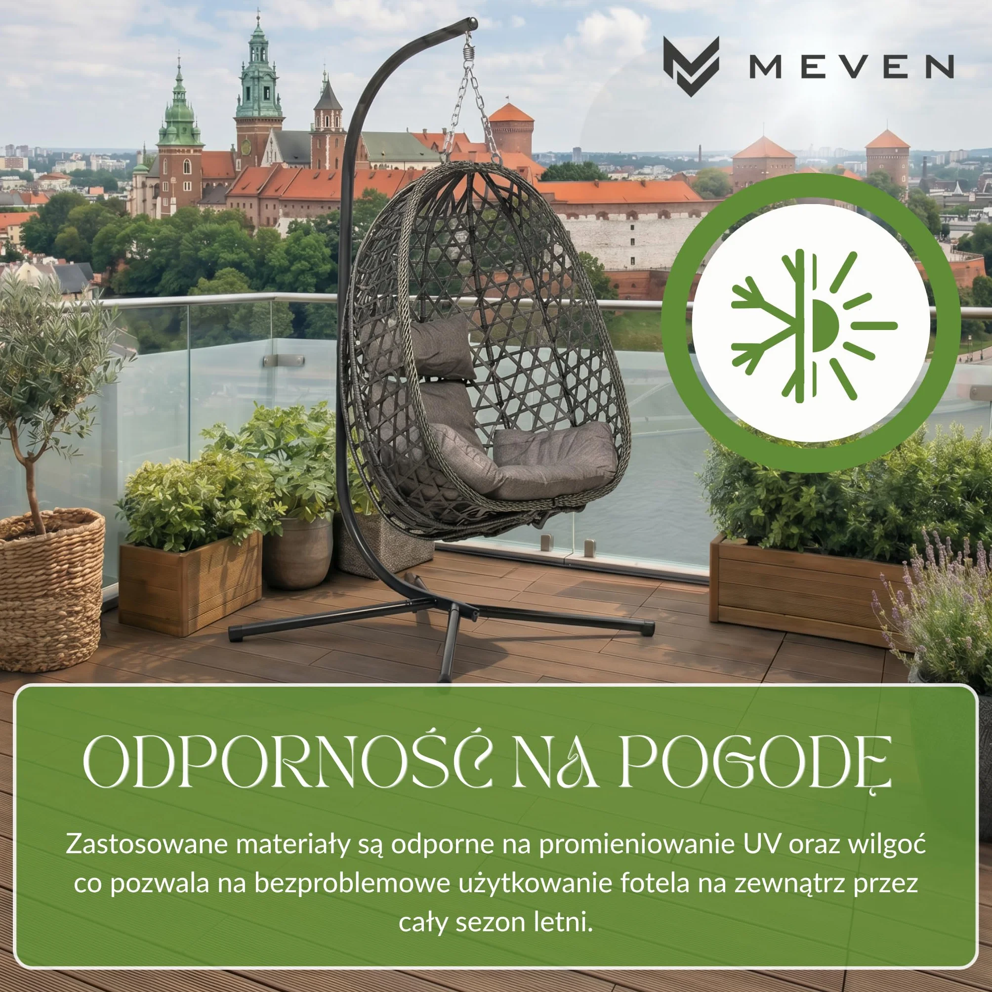 MEVEN AURA | Grafitowy Fotel Wiszący Ogrodowy Kokon na Stelażu | Kosz Technorattanowy Poduszki XXL Obciążenie 110kg | Nowoczesna Huśtawka na Taras Balkon i do Salonu Relaks Meble Ogrodowe Premium
