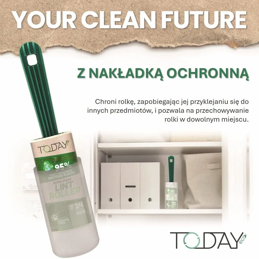 Today Eco - wałek do usuwania sierści zwierząt. 16 rolek + pokrywka + 2 uchwyty z tworzywa sztucznego pochodzącego w 95% z recyklingu. Wałek do usuwania kłaczków i sierści kotów i psów