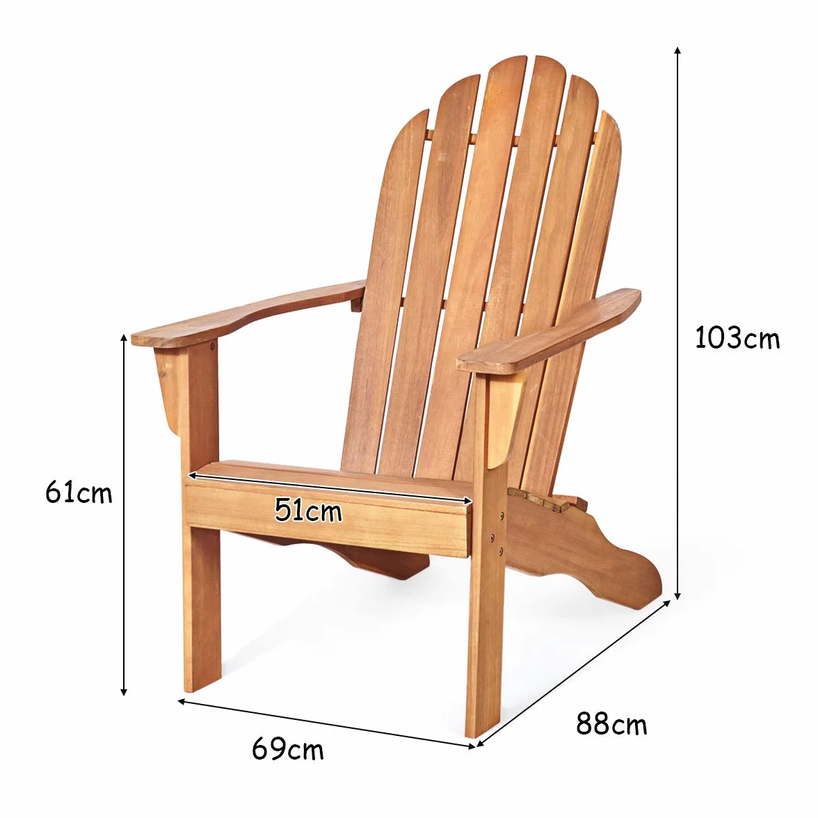 KOMFOTTEU Adirondack krzesło ogrodowe z drewna akacjowego z oparciem i podłokietnikami, ergonomiczne, drewniane krzesło do 160 kg, krzesło relaksacyjne na balkon, do ogrodu, na plażę (naturalne)