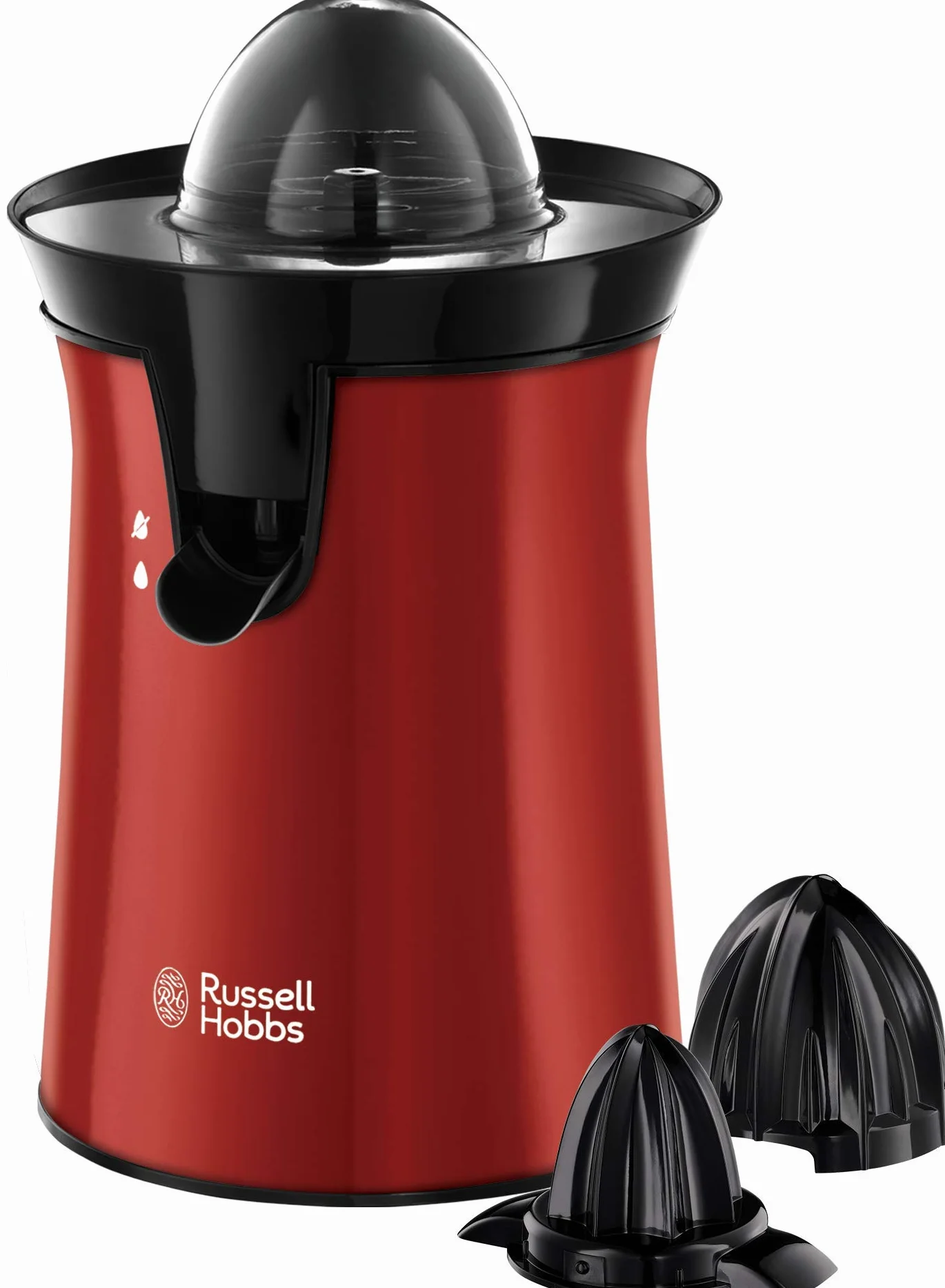 Russell Hobbs wyciskarka do soku, 2 stożki do wszystkich rodzajów cytrusów, start pod wpływem nacisku, funkcja blokady kapania, schowek na przewód, moc 60W, czerwony, Colour Plus 26010-56