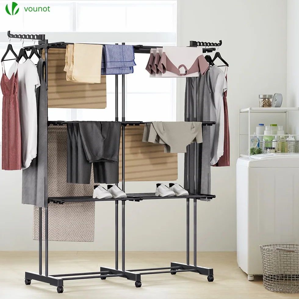 VOUNOT® Wysuwana suszarka na bieliznę o dużej pojemności, 3-poziomowa, składana suszarka 40 m, wielofunkcyjna pionowa suszarka do ubrań do użytku wewnątrz i na zewnątrz, czarna