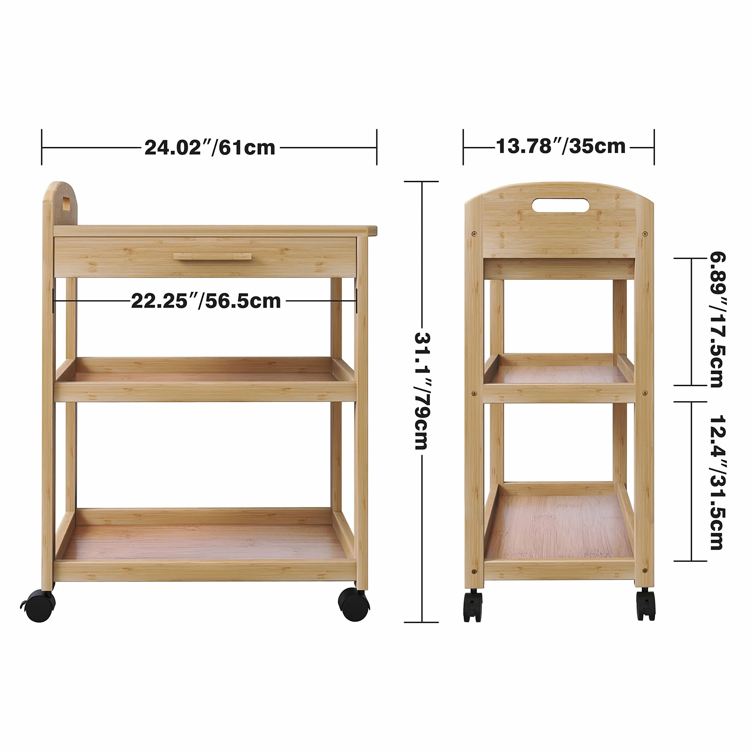 SMIBUY Kitchen Island wózek na kółkach, z szufladą do przechowywania i półkami, bambusowy, 3-poziomowy, z blatem z litego drewna i zamykanymi kółkami (naturalny)
