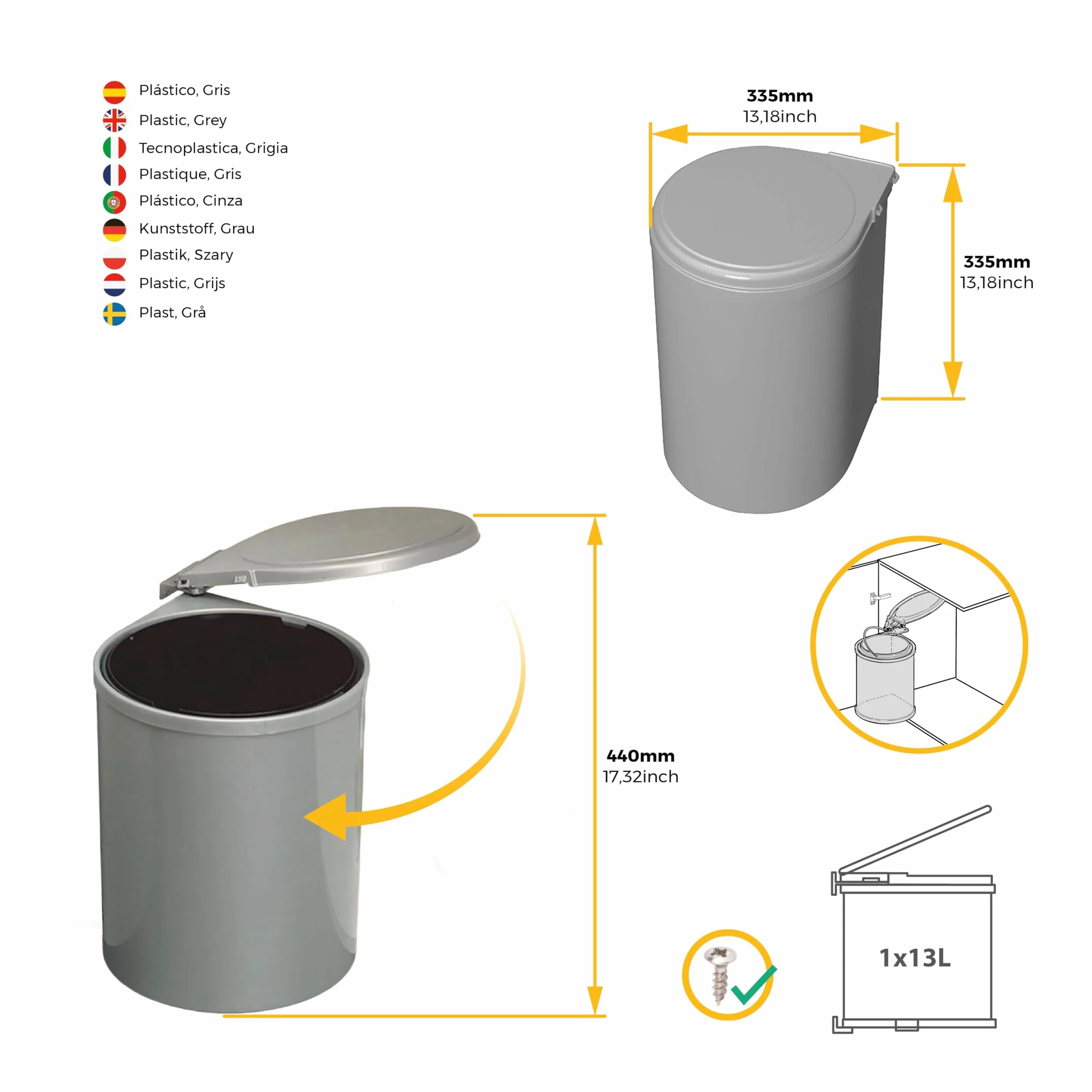 Emuca - Kosz na śmieci na drzwi szafy, kosz na recykling, pojemnik 13 L z automatycznym otwieraniem pokrywką i mocowaniem do drzwi, plastik, szary