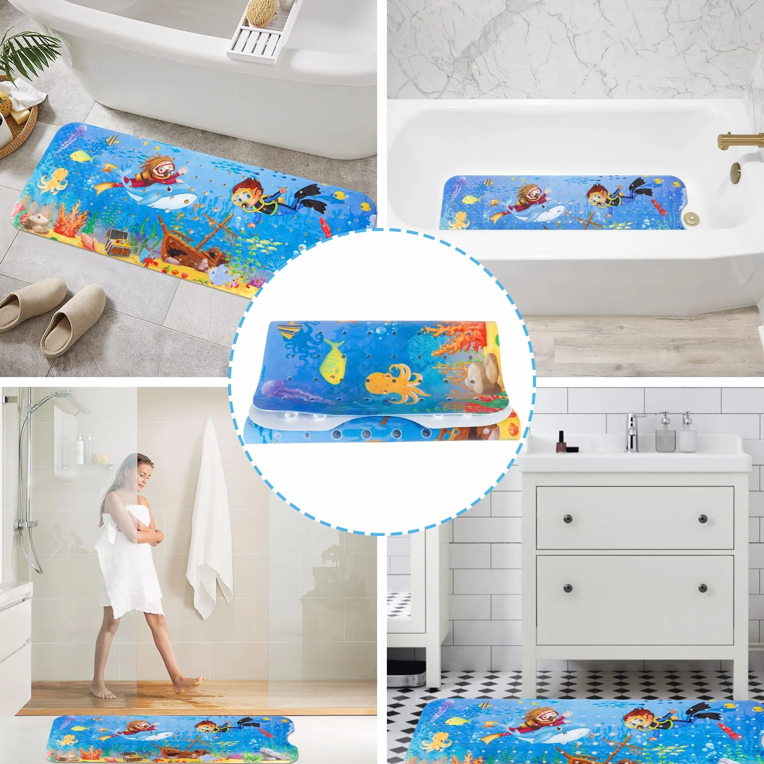 AMZJMT Antypoślizgowa mata do kąpieli dla dzieci 100 x 40 cm - wanna antypoślizgowa, motyw morski, antypoślizgowa mata do kąpieli z 200 przyssawkami, bez BPA, odporna na pleśń i można prać w pralce