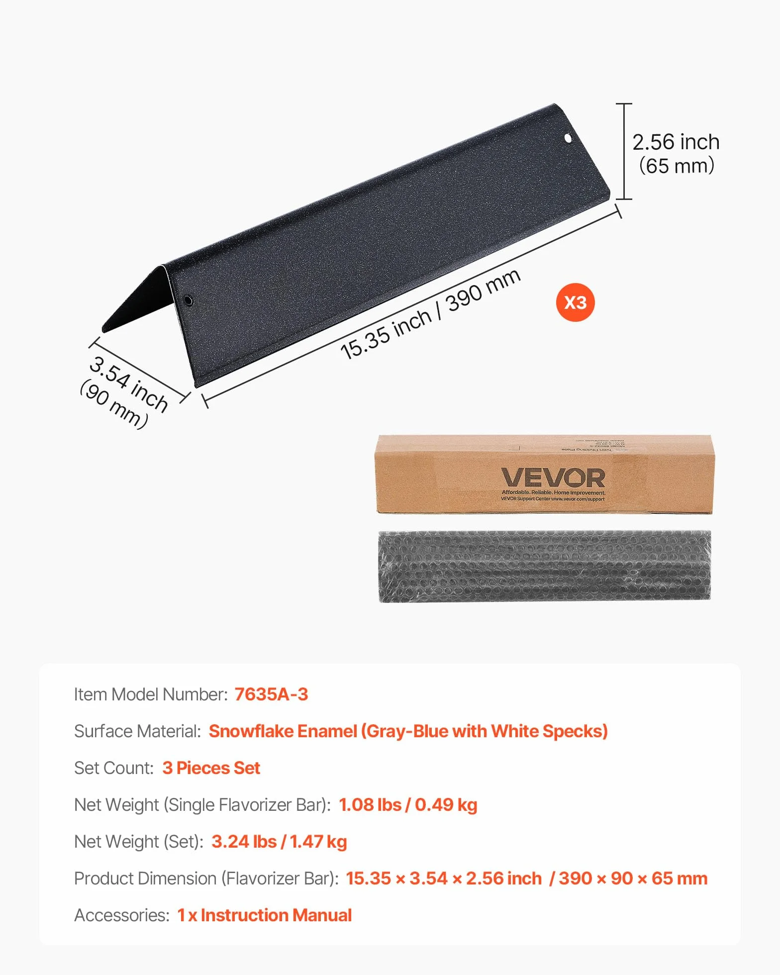 VEVOR 3 szt. Bary aromatyzujące, zamiennik grilla do Weber Spirit I i II serii 200, w tym Spirit II E-210, II E-220, II S-210, E-210, S-210, stal emaliowana porcelanowa