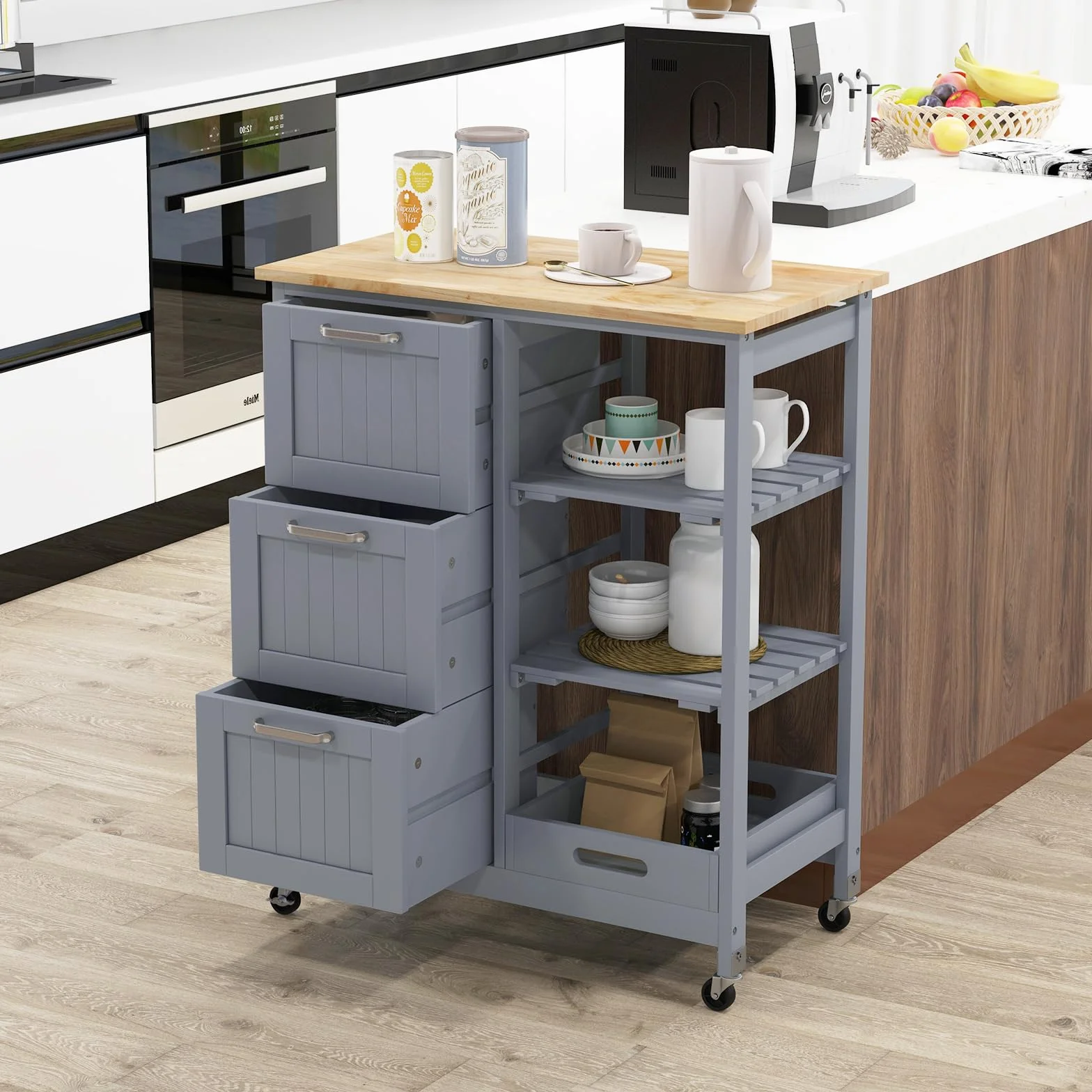 GIANTEX Wózek kuchenny na kółkach, szafka kuchenna z blatem roboczym, ruchoma wyspa kuchenna, drewniany, wózek do serwowania, wózek kuchenny z szufladą, 67 x 37 x 83,5 cm, szary