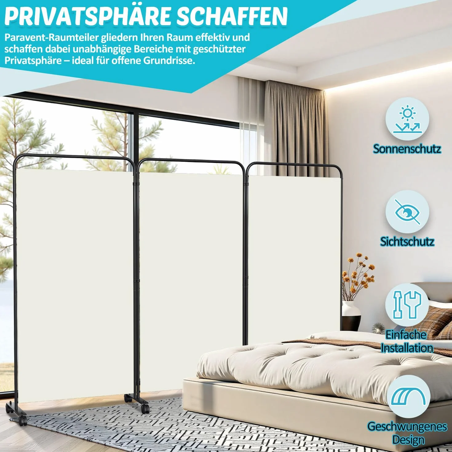 Parawan działowy, składany, wolnostojąca, ścianka działowa na kółkach, ochrona przed wzrokiem, 3-częściowa ścianka działowa 263 x 180 cm, wolnostojąca ścianka działowa do biura, sypialni