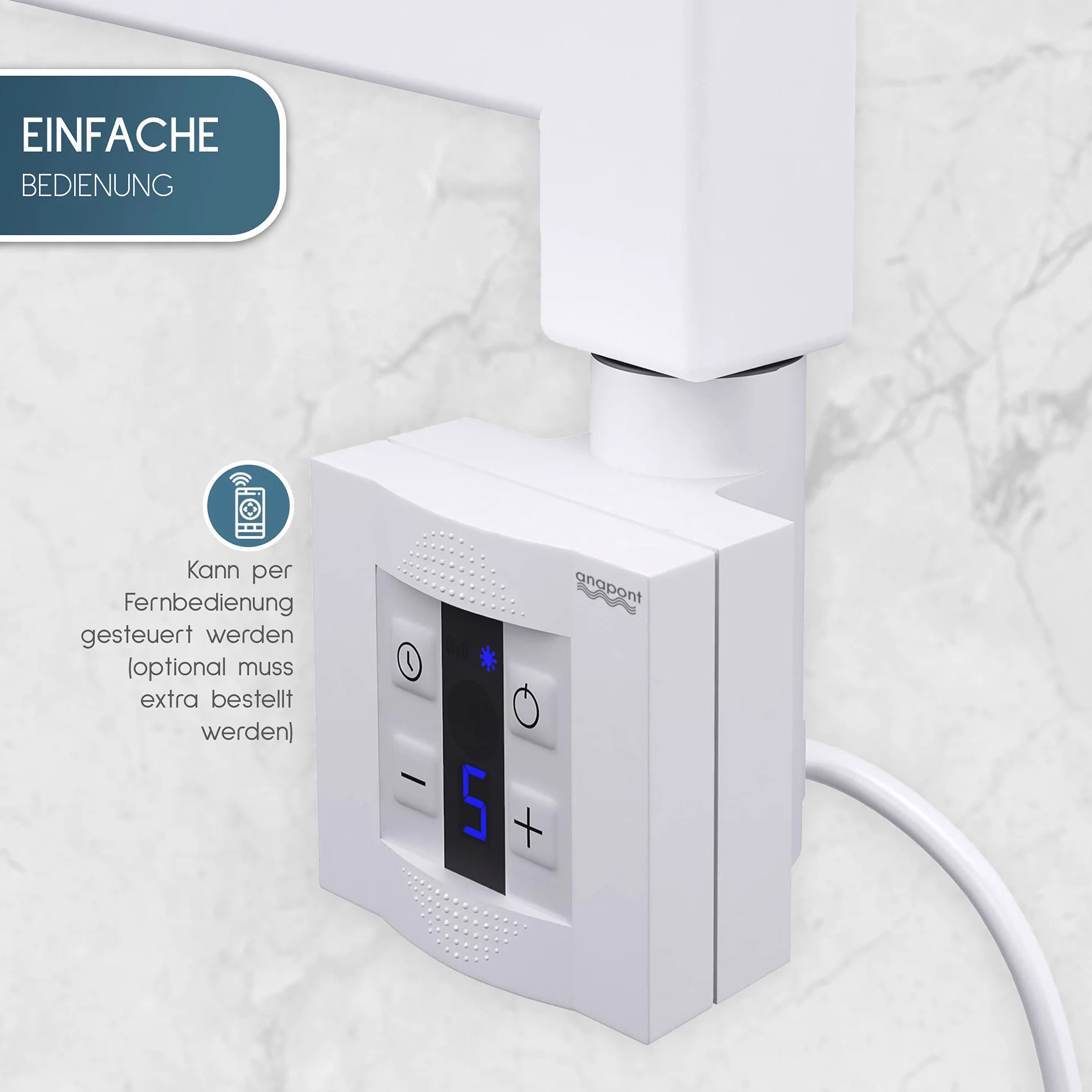 anapont Elektryczny grzejnik łazienkowy 1175 x 500 cm, biały, prosty – funkcja timera – grzejnik na ręczniki – wyprodukowano w Niemczech