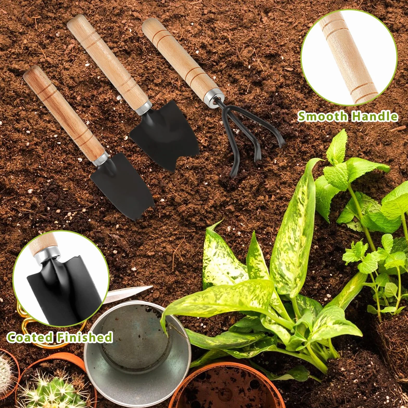 COMNICO Zestaw narzędzi ogrodowych, wytrzymała, żelazna, mała łopatka do sadzenia, mini łopatka ręczna z ergonomicznym antypoślizgowym drewnianym uchwytem, prezenty dla mężczyzn i kobiet, 3 szt