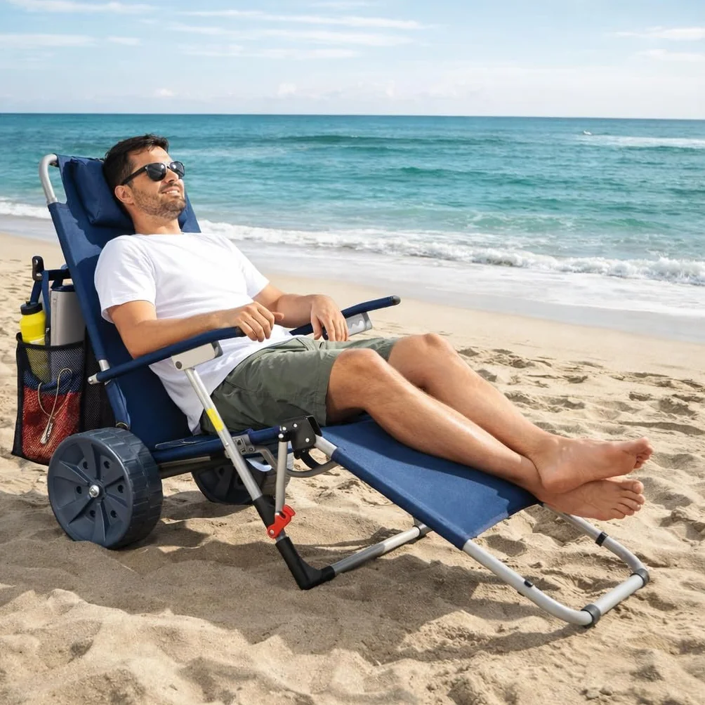 CampAir 2 w 1 składany wózek ręczny i leżak plażowy z kółkami, niebieski