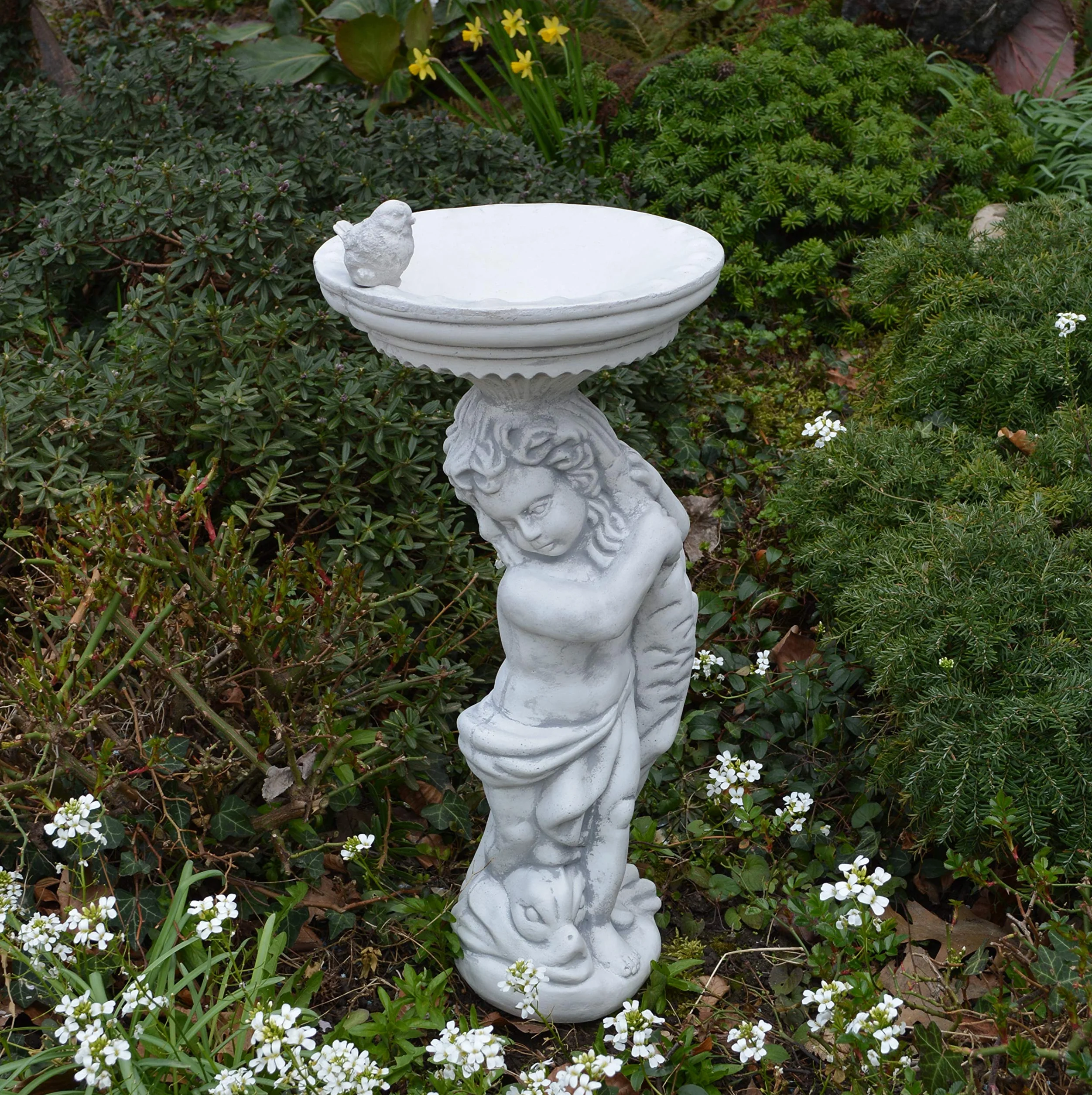 gartendekoparadies.de Chłopiec z dużym poidłem dla ptaków, kamienna figurka wys. 54 cm, 18 kg, szara, odporna na mróz z odlewu kamiennego do użytku na zewnątrz