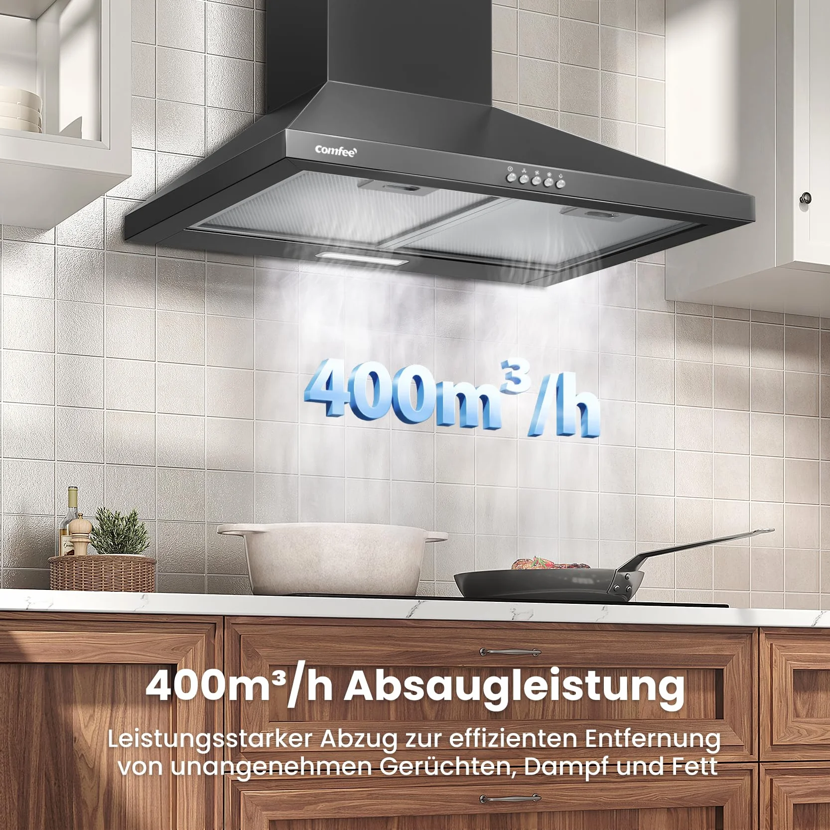 COMFEE CH60A17EM400B A++ okap kuchenny 60 cm 400 m³/h ścienny z filtrem węglowym